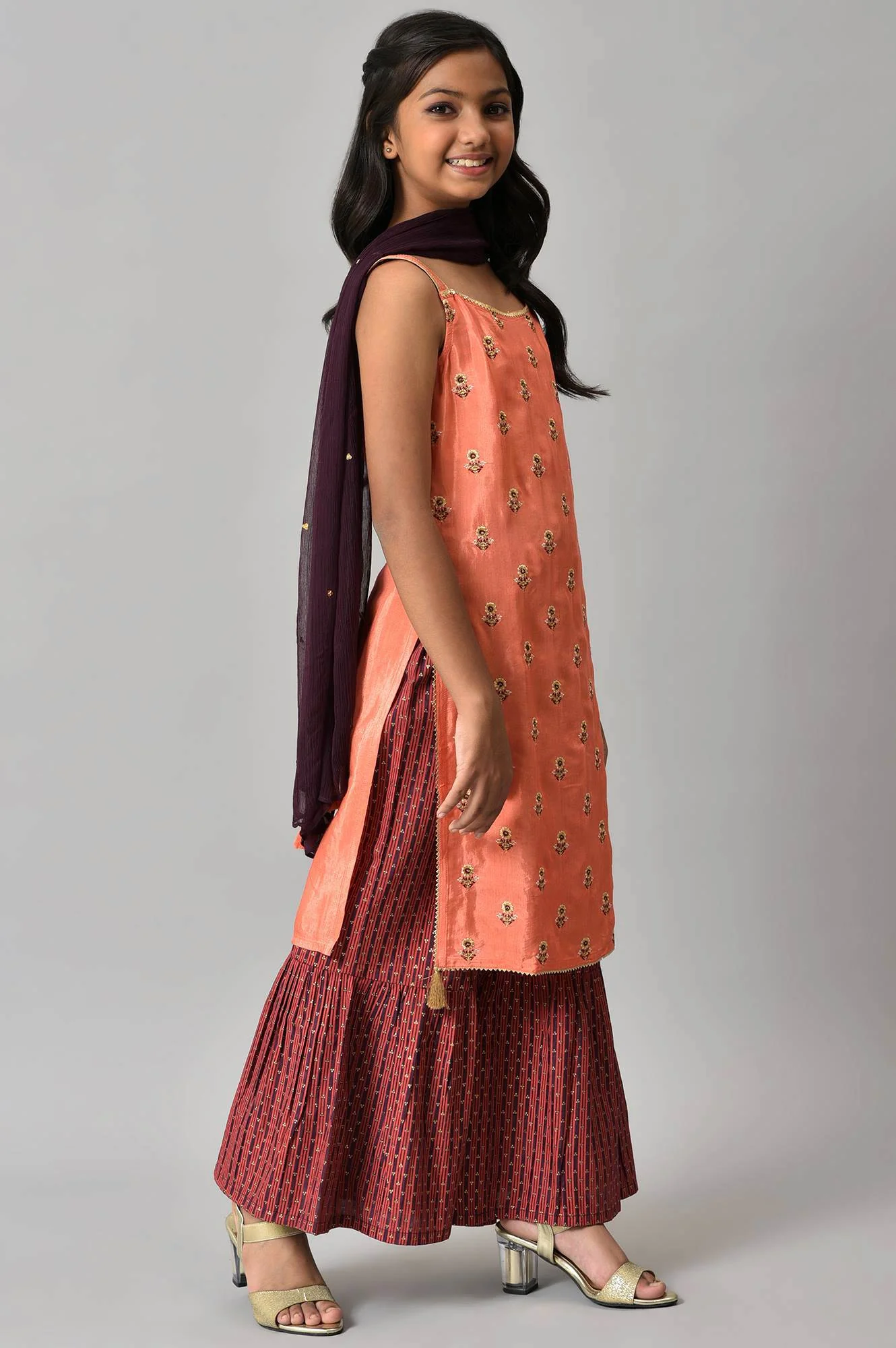 LIVA Girls Orange Embroidered kurta with Purple Sharar and Dupatta - Image 4