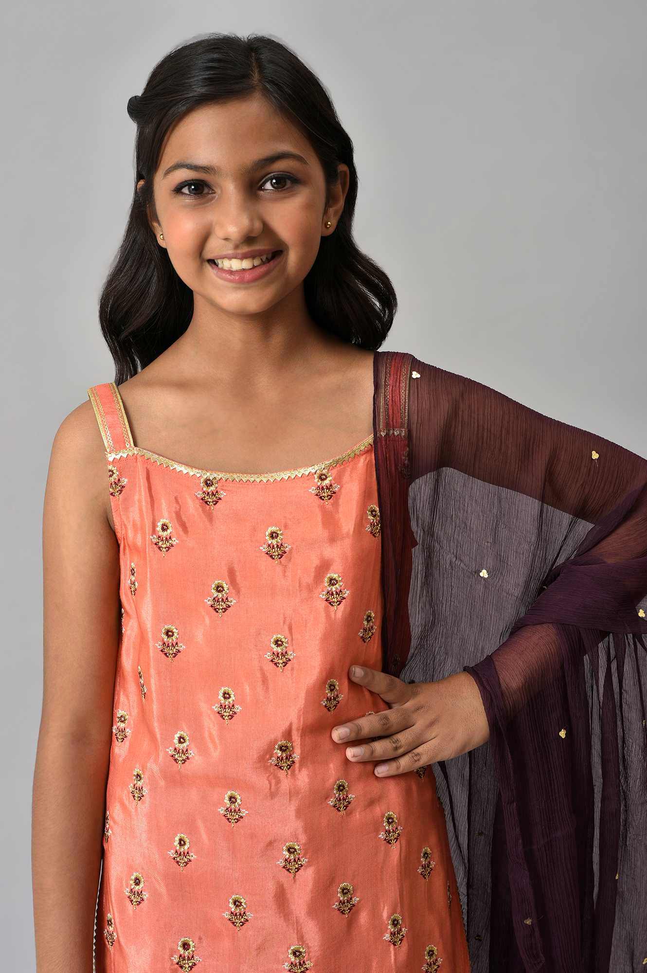 LIVA Girls Orange Embroidered kurta with Purple Sharar and Dupatta - Image 5