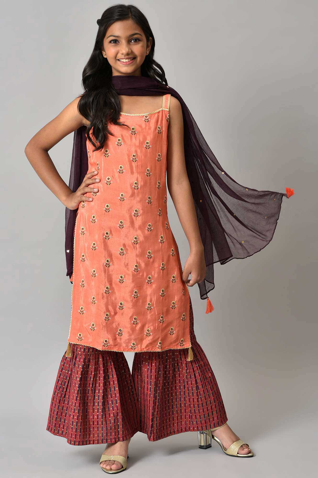 LIVA Girls Orange Embroidered kurta with Purple Sharar and Dupatta - Image 9