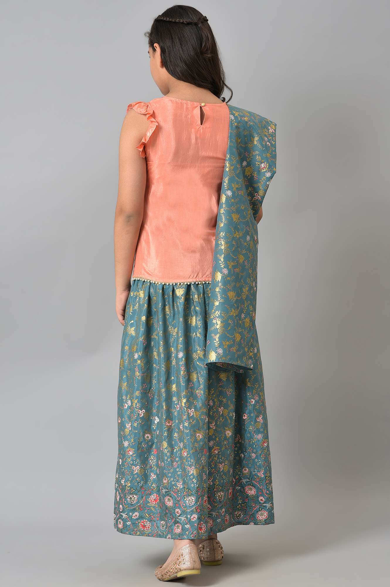 LIVA Girls Peach Embroidered kurta with Green Skirt and Dupatta - Image 2