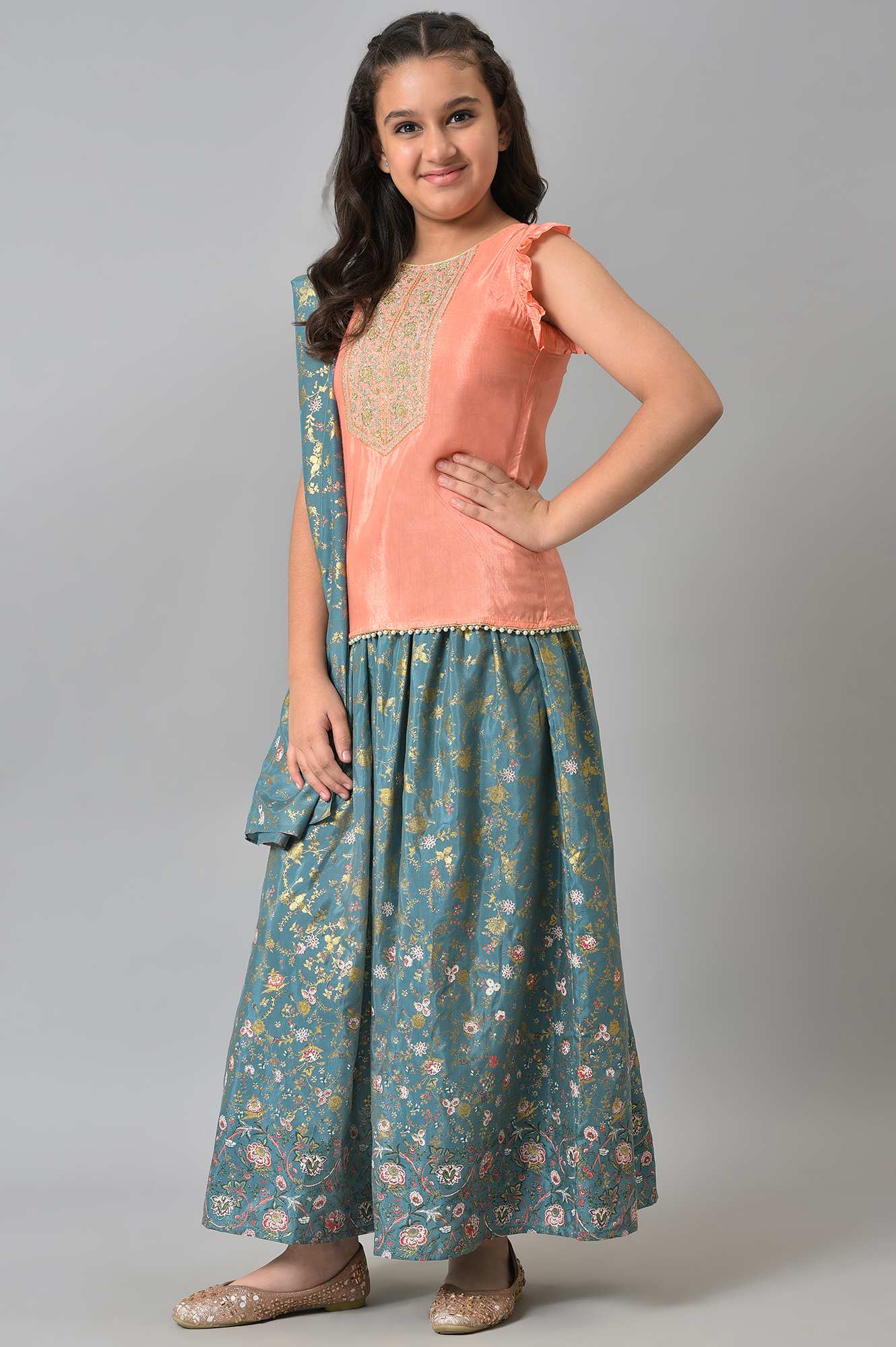 LIVA Girls Peach Embroidered kurta with Green Skirt and Dupatta - Image 3