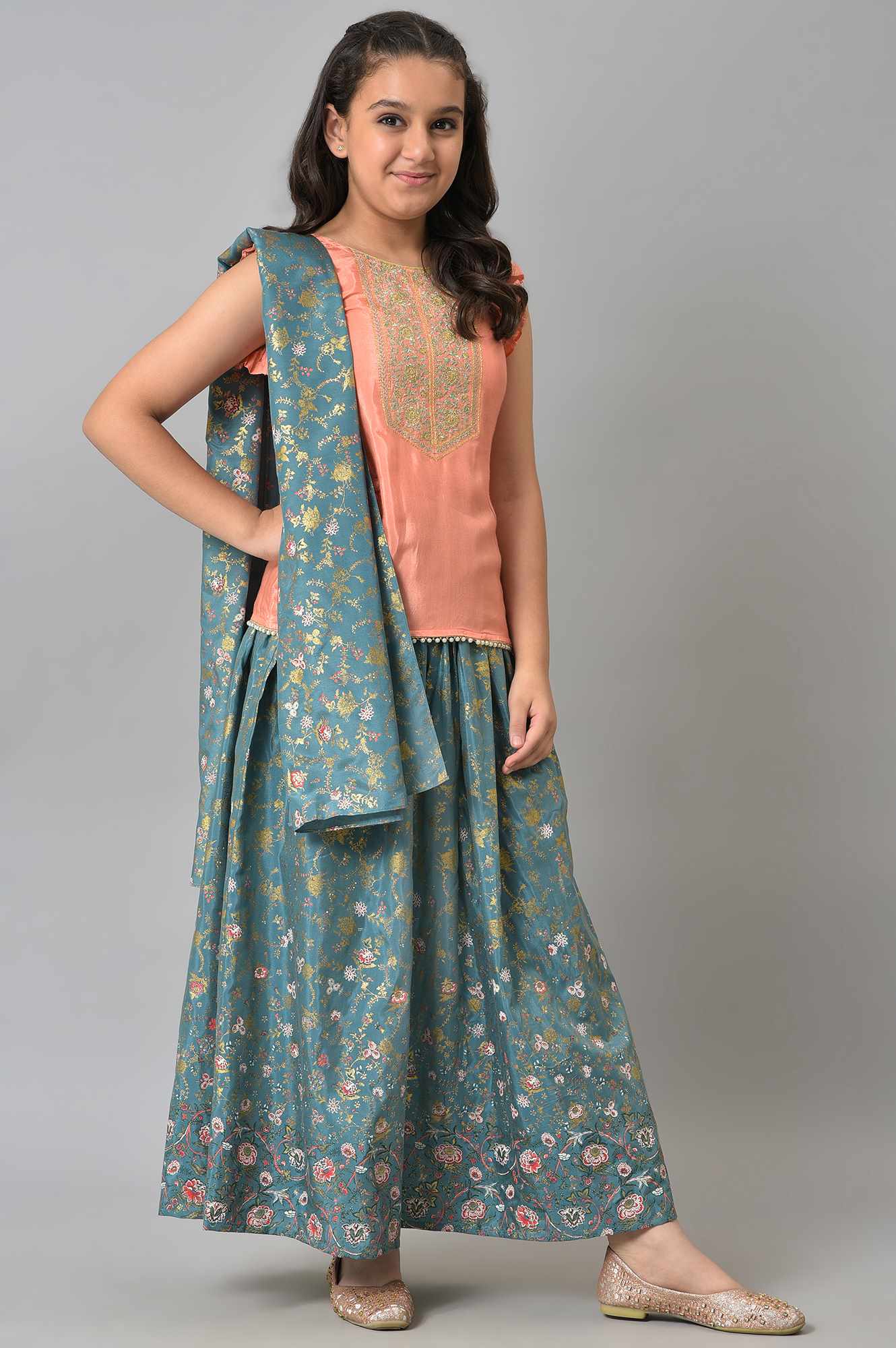 LIVA Girls Peach Embroidered kurta with Green Skirt and Dupatta - Image 4