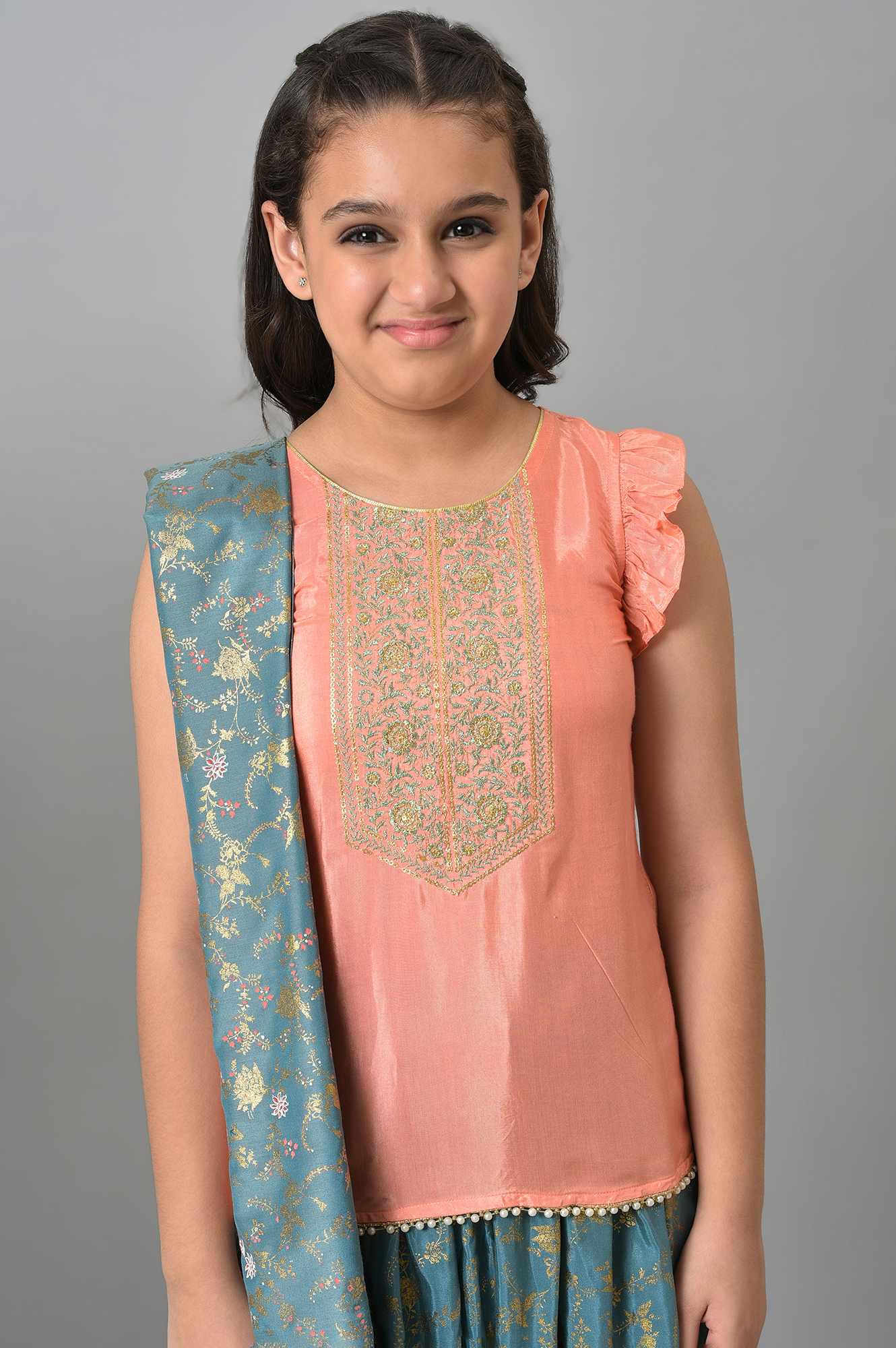 LIVA Girls Peach Embroidered kurta with Green Skirt and Dupatta - Image 5