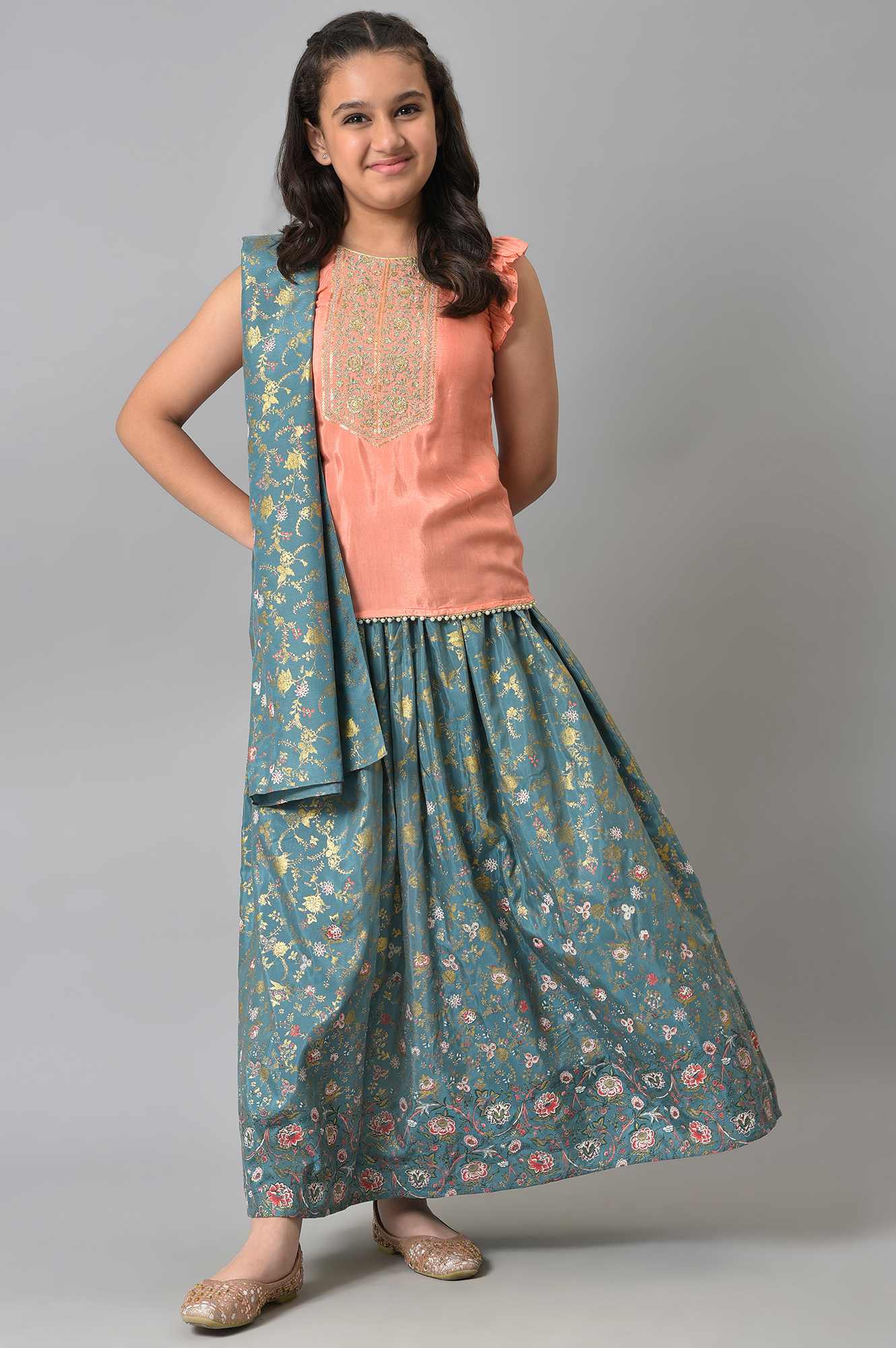 LIVA Girls Peach Embroidered kurta with Green Skirt and Dupatta - Image 9