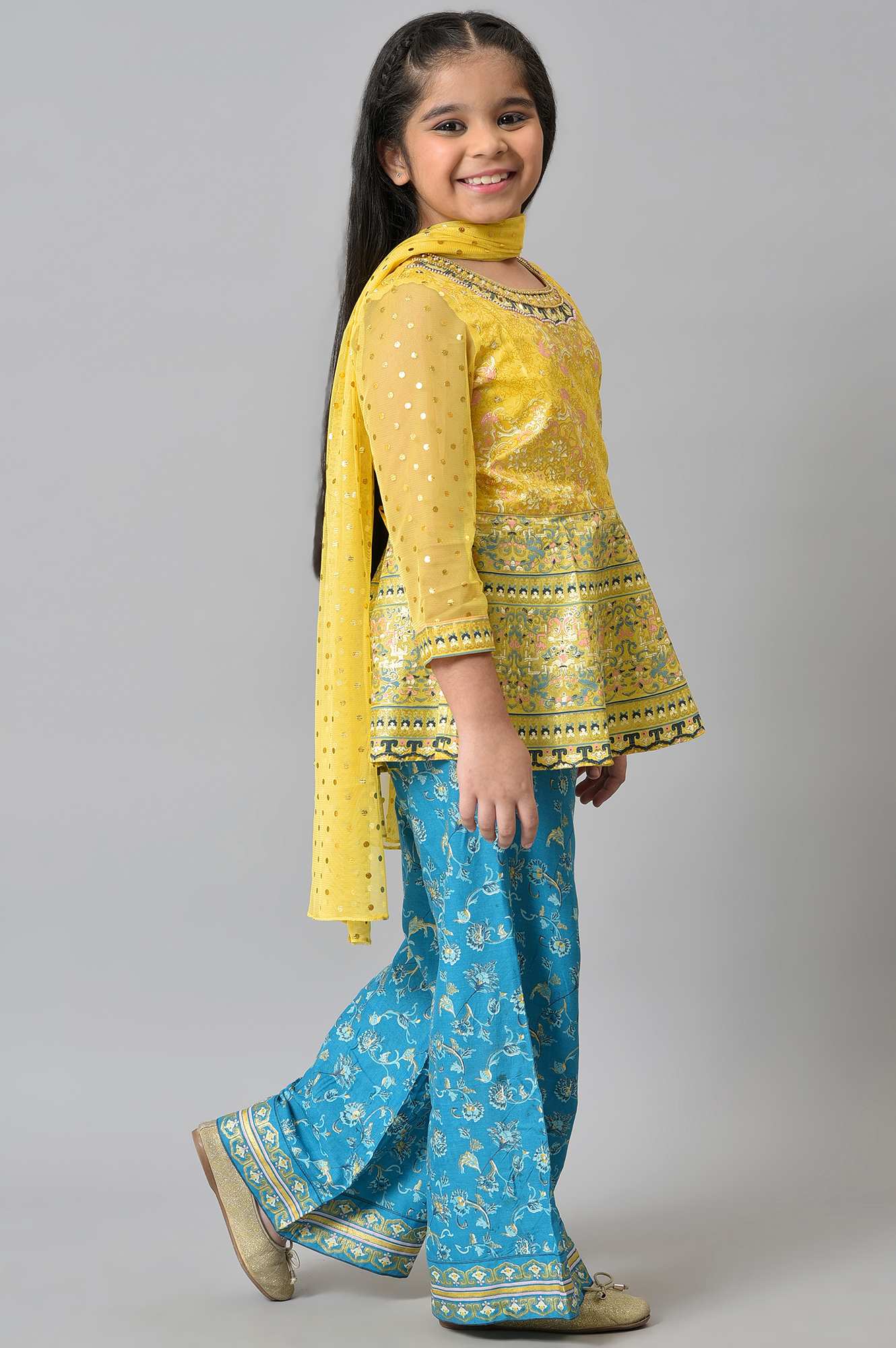 LIVA Girls Yellow Top with Blue Printed Palazzo and Dupatta - Image 4