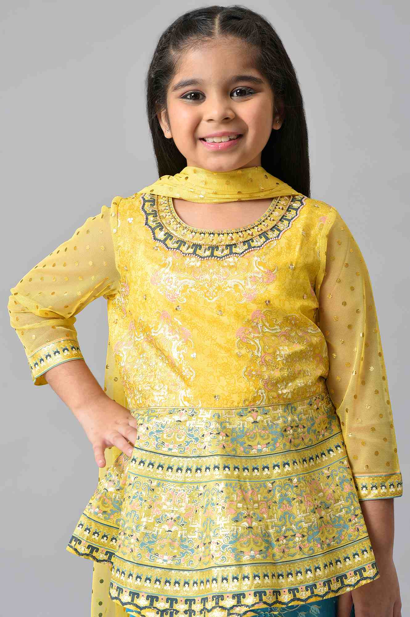 LIVA Girls Yellow Top with Blue Printed Palazzo and Dupatta - Image 5