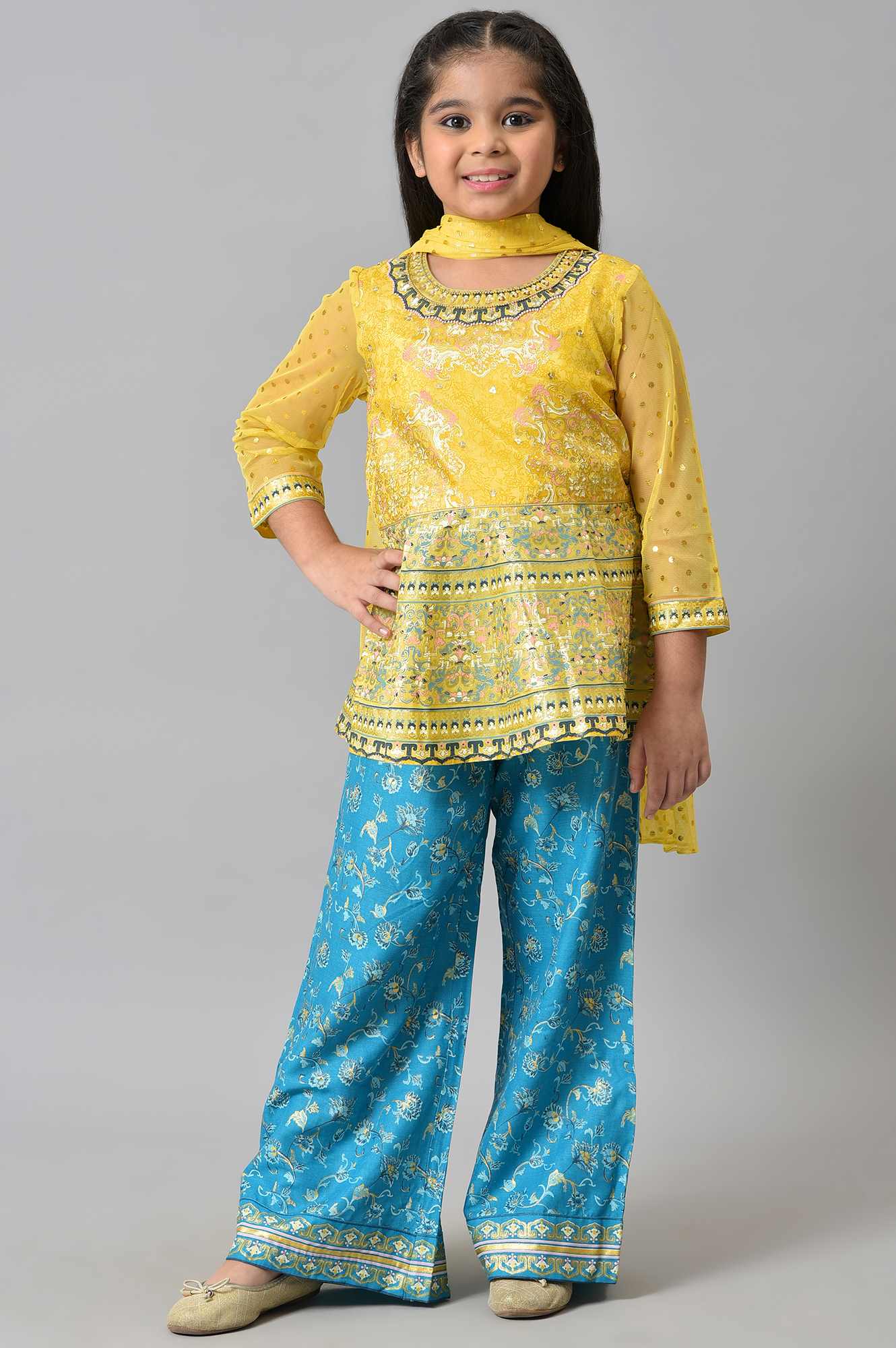 LIVA Girls Yellow Top with Blue Printed Palazzo and Dupatta - Image 9