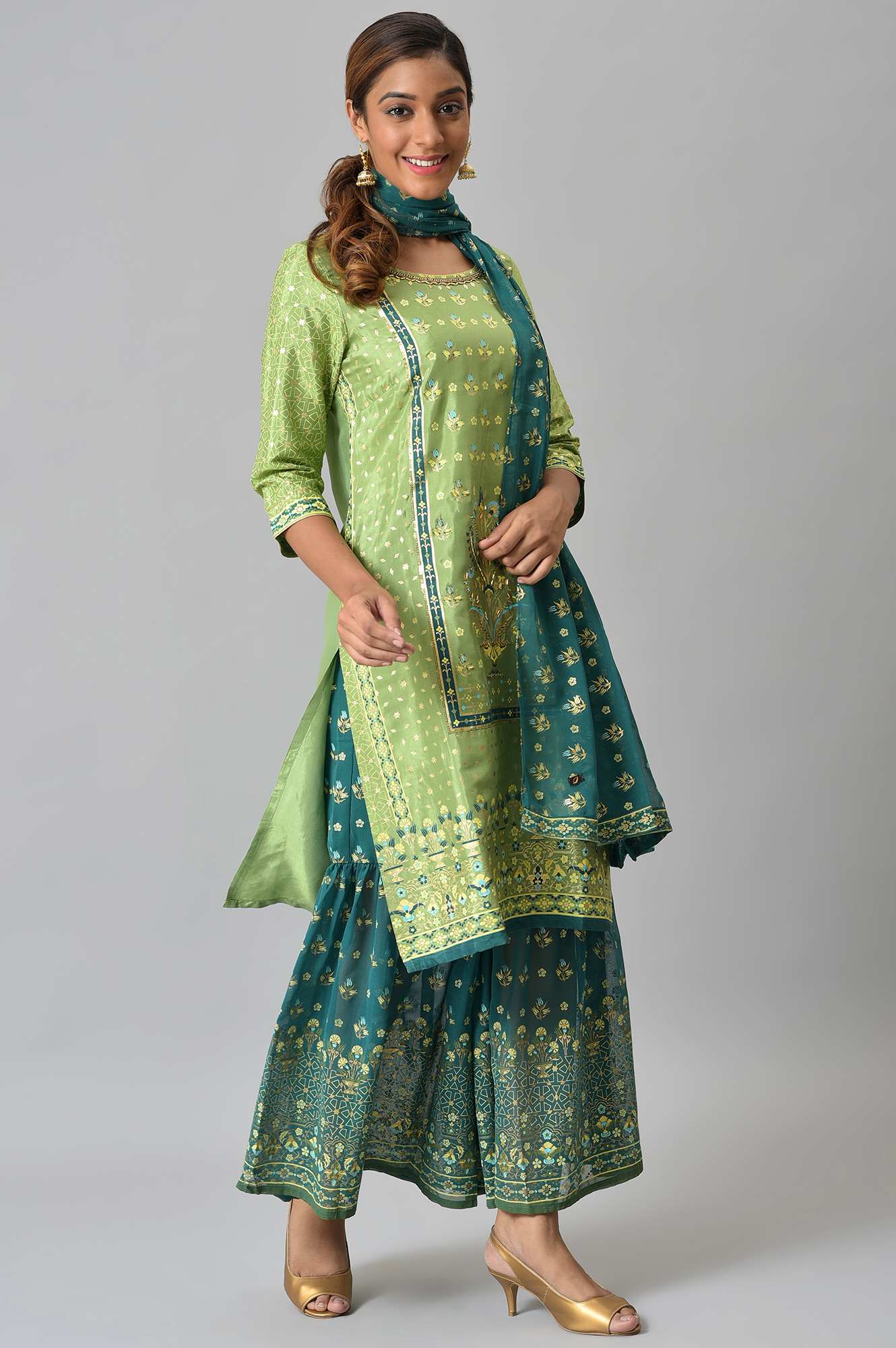 LIVA Green Foil Printed kurta with Sharara and Dupatta - Image 5