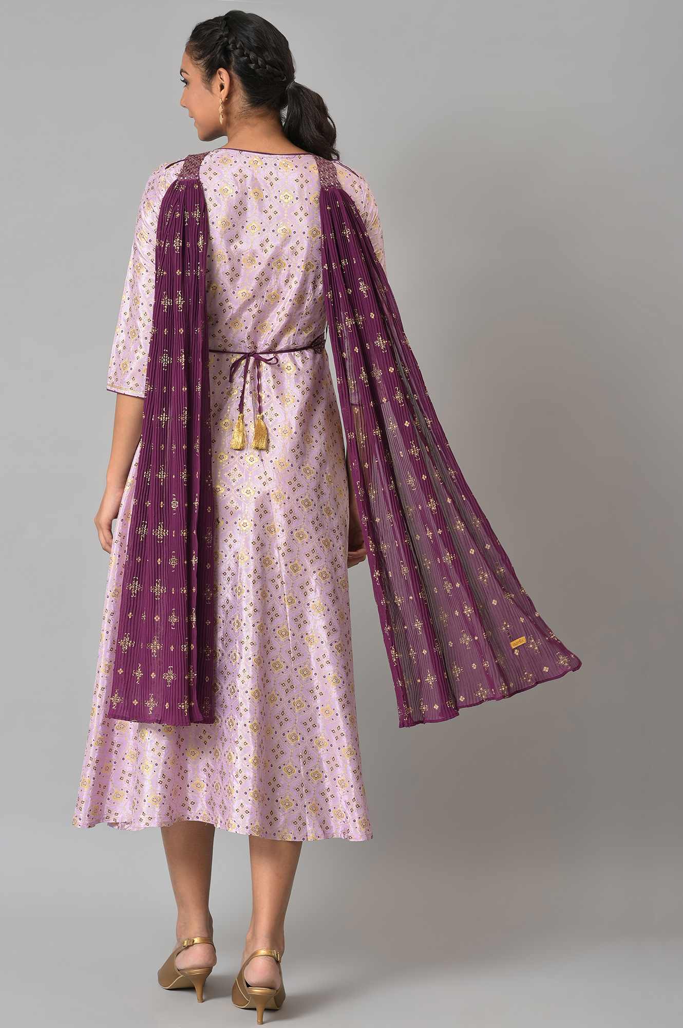 Liva Purple Sequined Floral Print Dress With Zari Embroidered Dupatta - Image 2