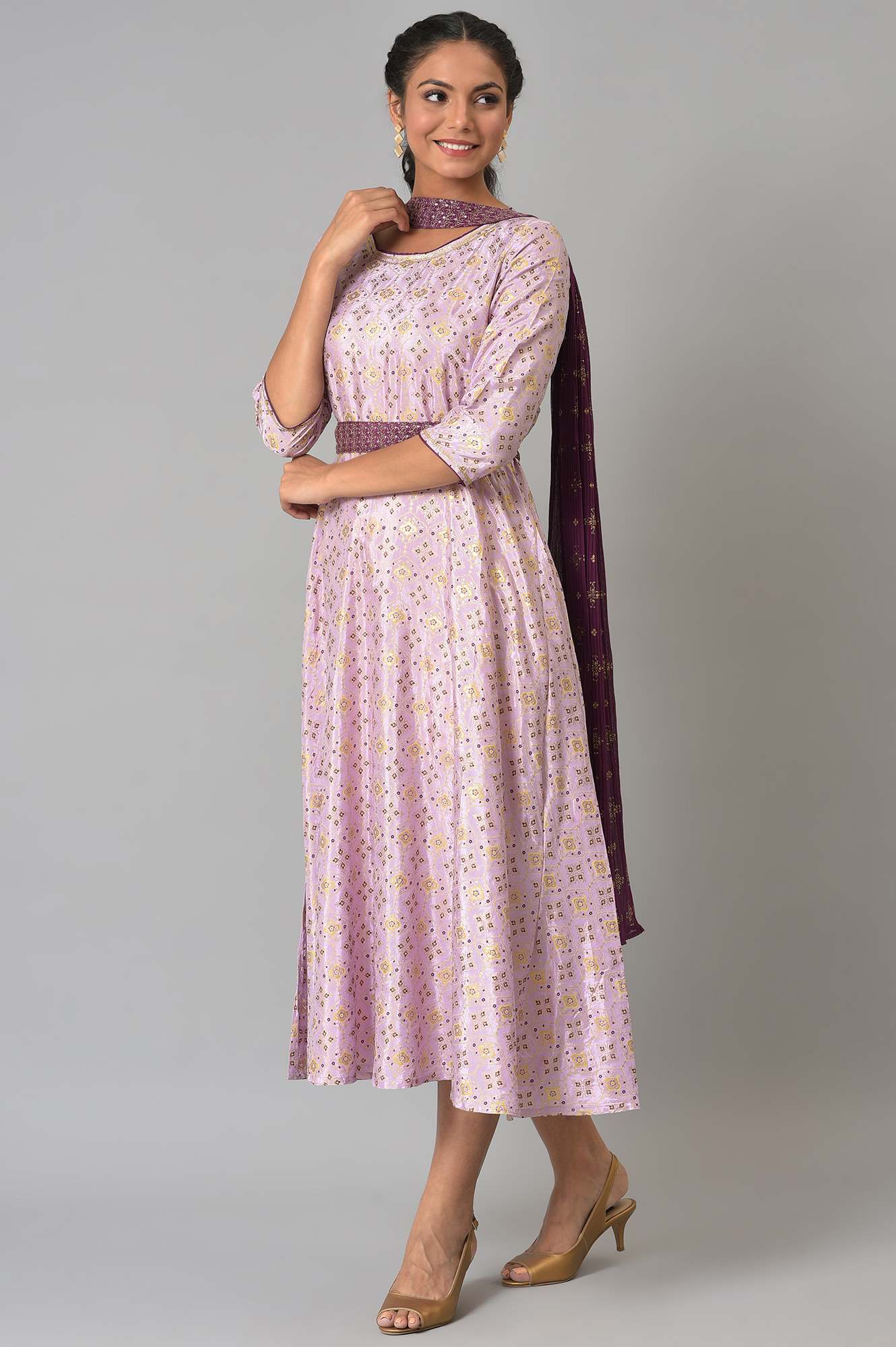 Liva Purple Sequined Floral Print Dress With Zari Embroidered Dupatta - Image 3