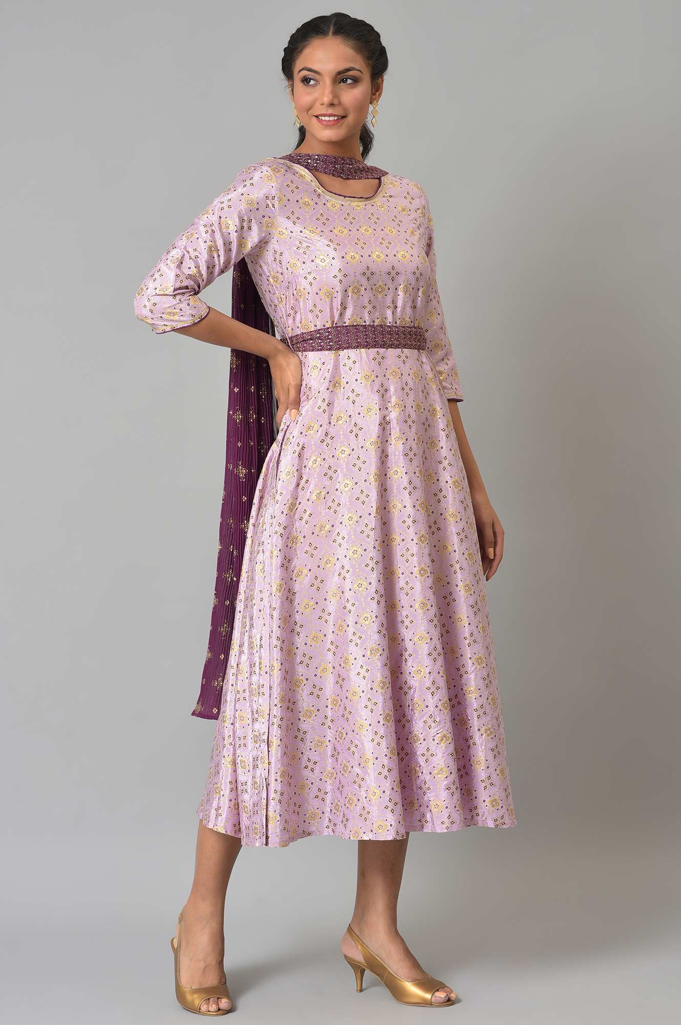 Liva Purple Sequined Floral Print Dress With Zari Embroidered Dupatta - Image 4