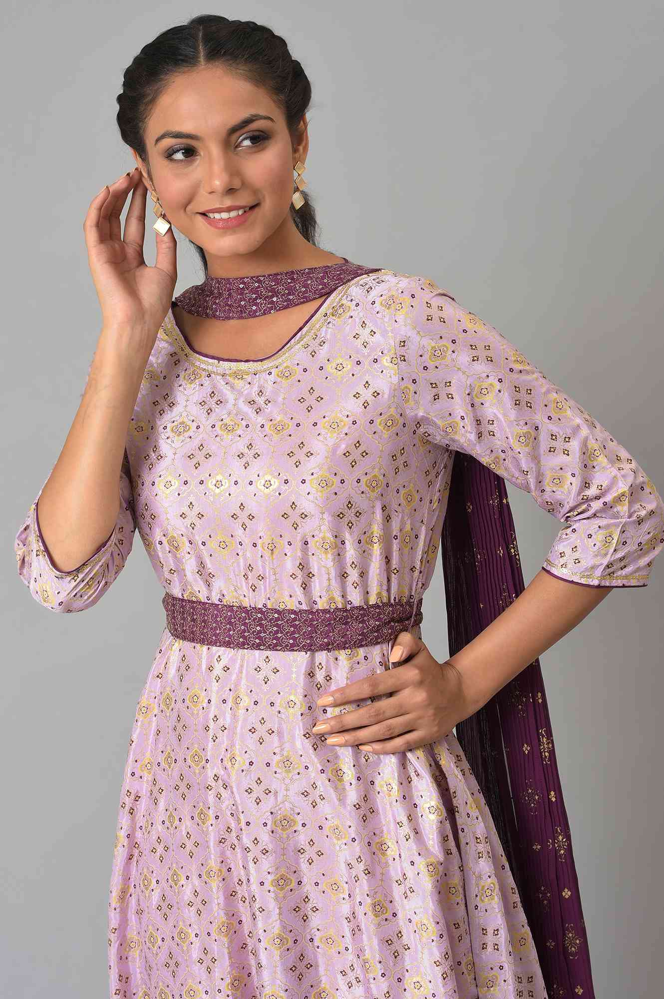 Liva Purple Sequined Floral Print Dress With Zari Embroidered Dupatta - Image 5