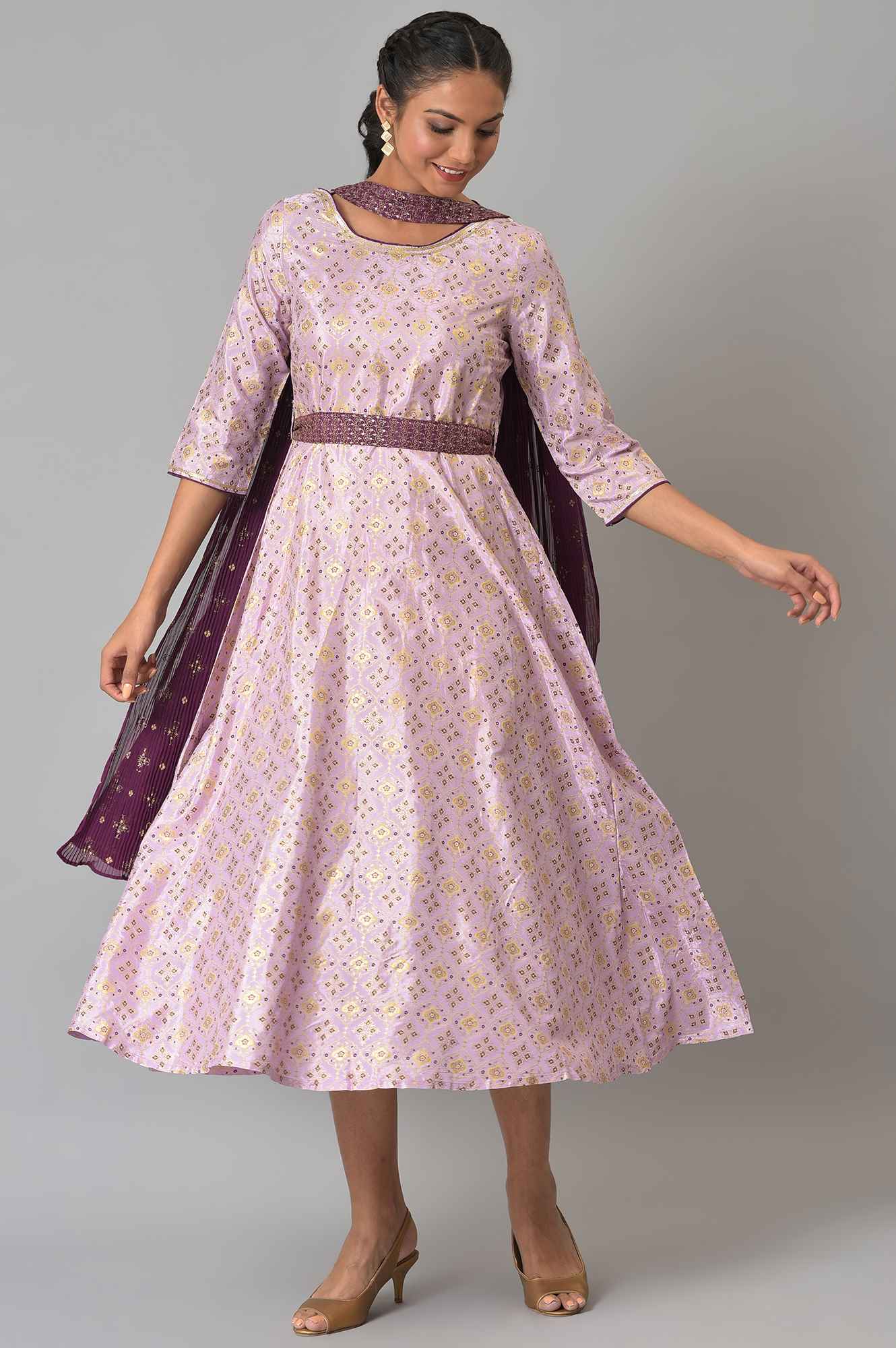 Liva Purple Sequined Floral Print Dress With Zari Embroidered Dupatta - Image 7