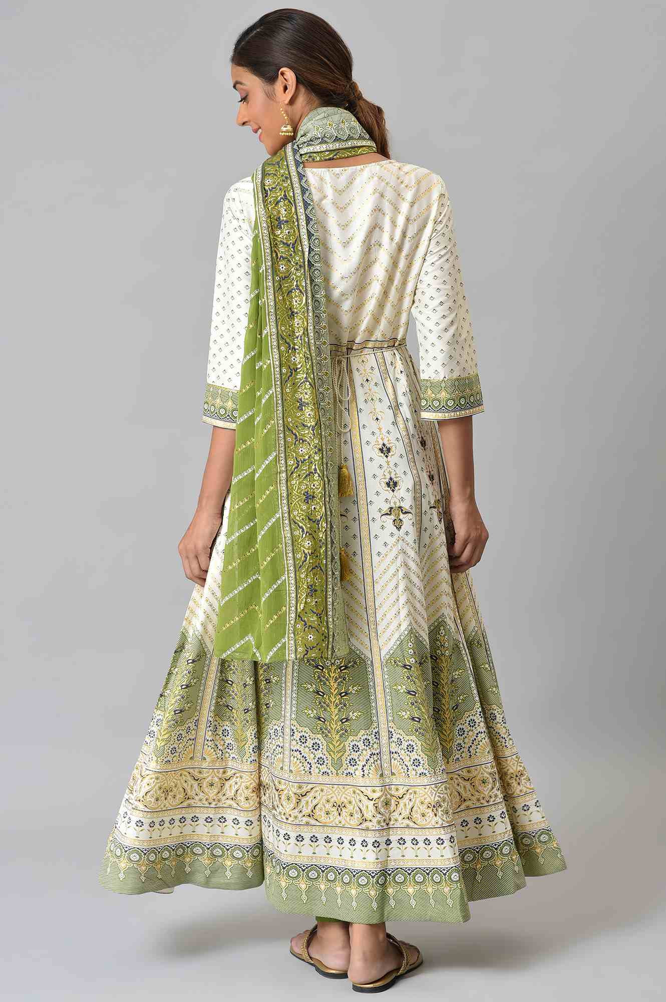 LIVA White Floral Printed Flared kurta with Green Tights and Dupatta - Image 2