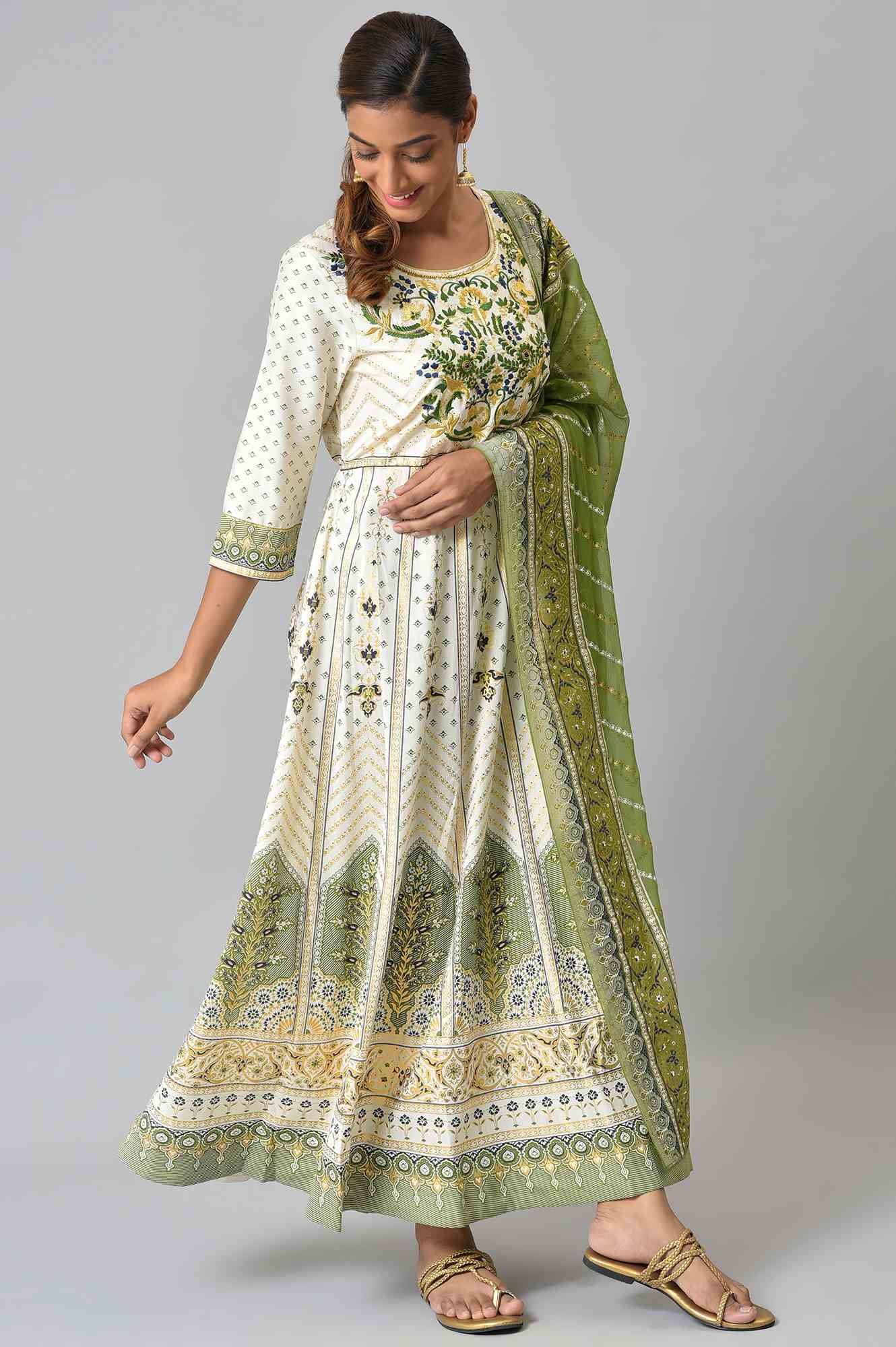 LIVA White Floral Printed Flared kurta with Green Tights and Dupatta - Image 4