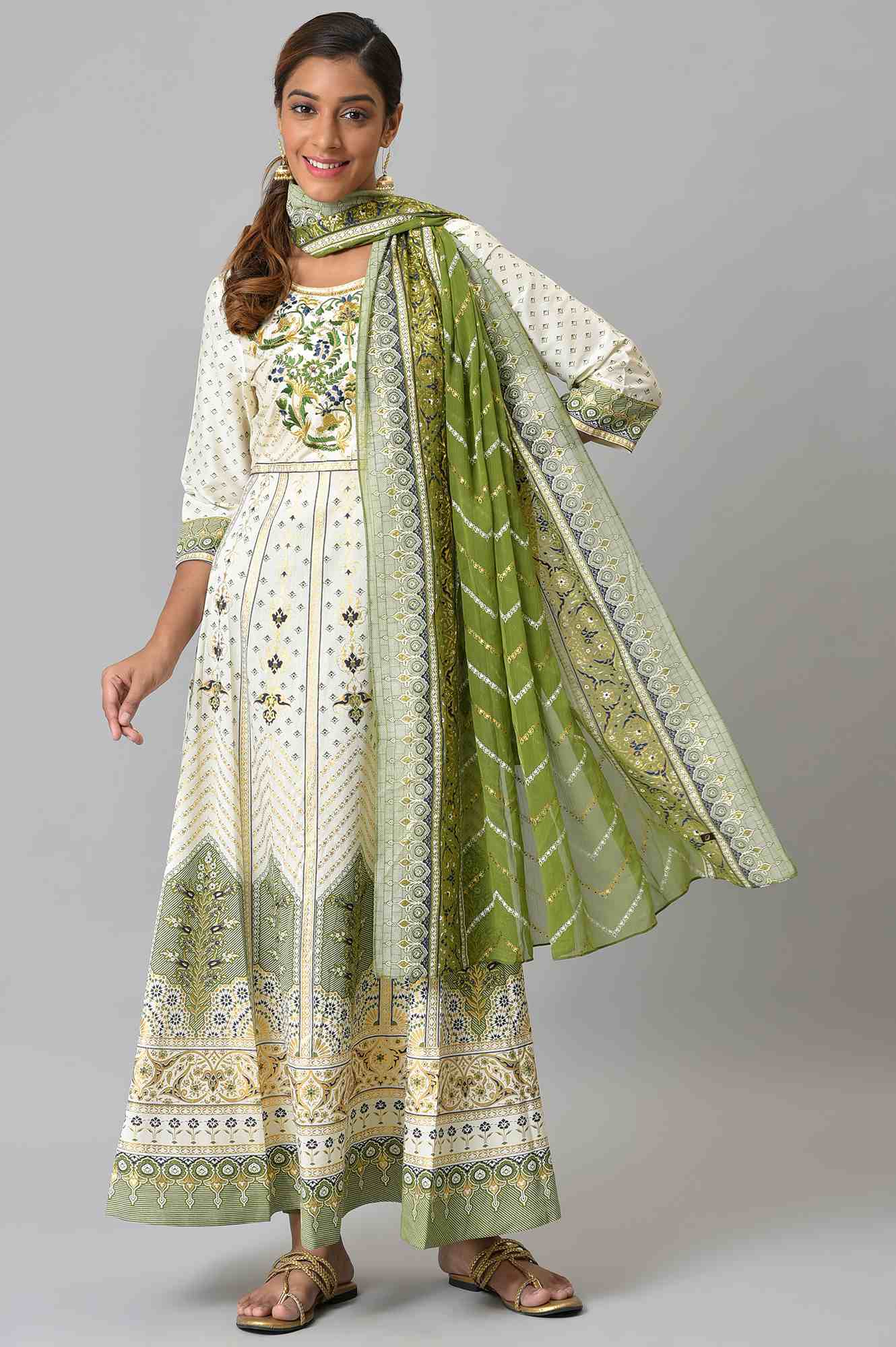 LIVA White Floral Printed Flared kurta with Green Tights and Dupatta - Image 9