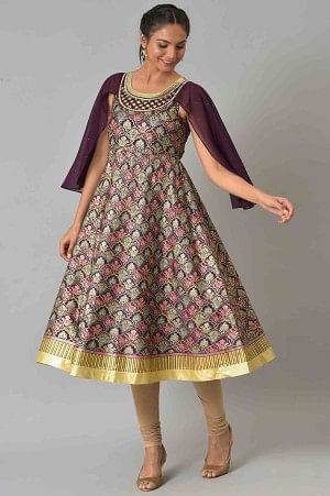 Maroon A-Line Foil Printed Festive Liva kurta - Image 5