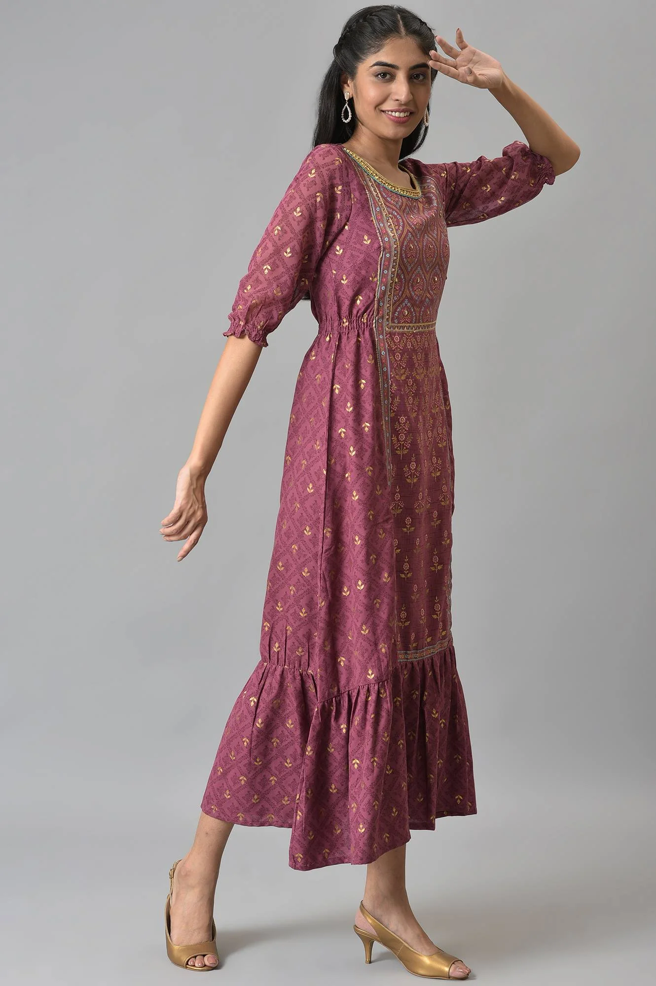 Maroon Blouson Sleeves Dress with Placement Print - Image 4