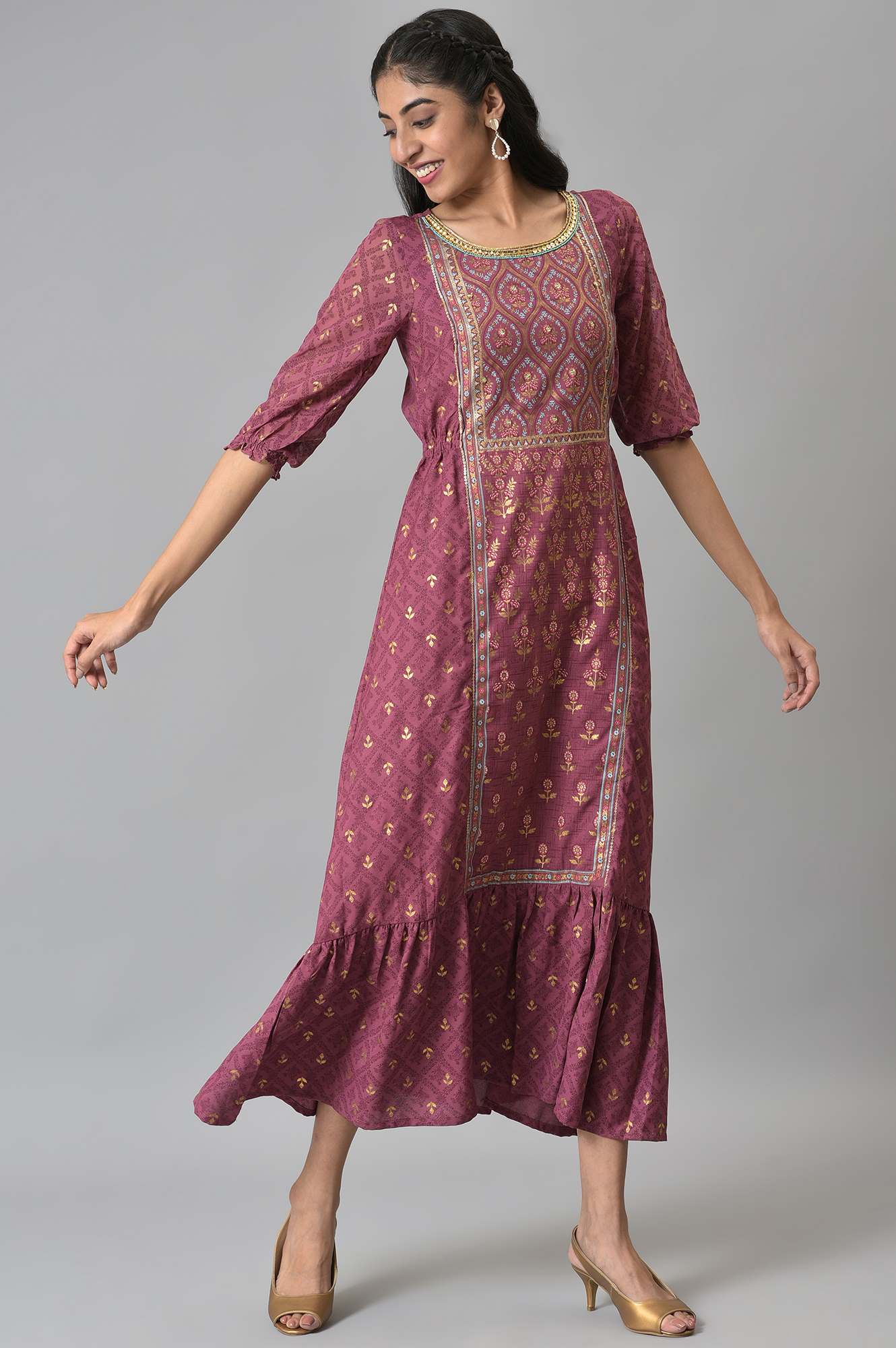 Maroon Blouson Sleeves Dress with Placement Print - Image 5