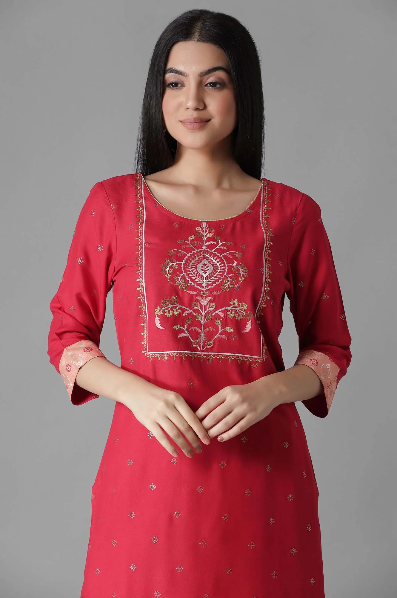 Maroon Embroidered Mughal Print kurta Palazzos Set - Image 5