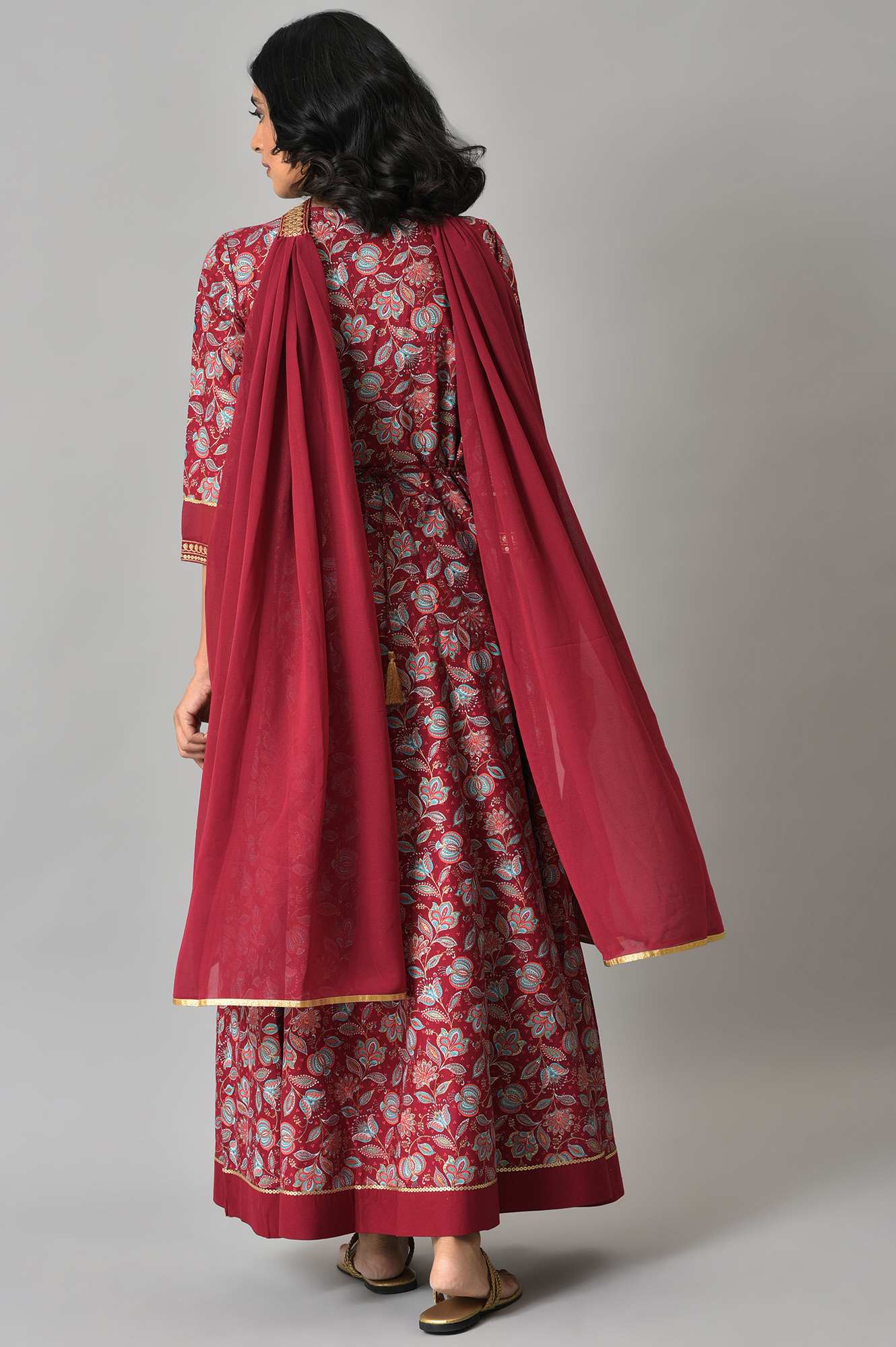 Maroon Floral Printed with Zari Embroidery LIVA Dress and Dupatta - Image 2