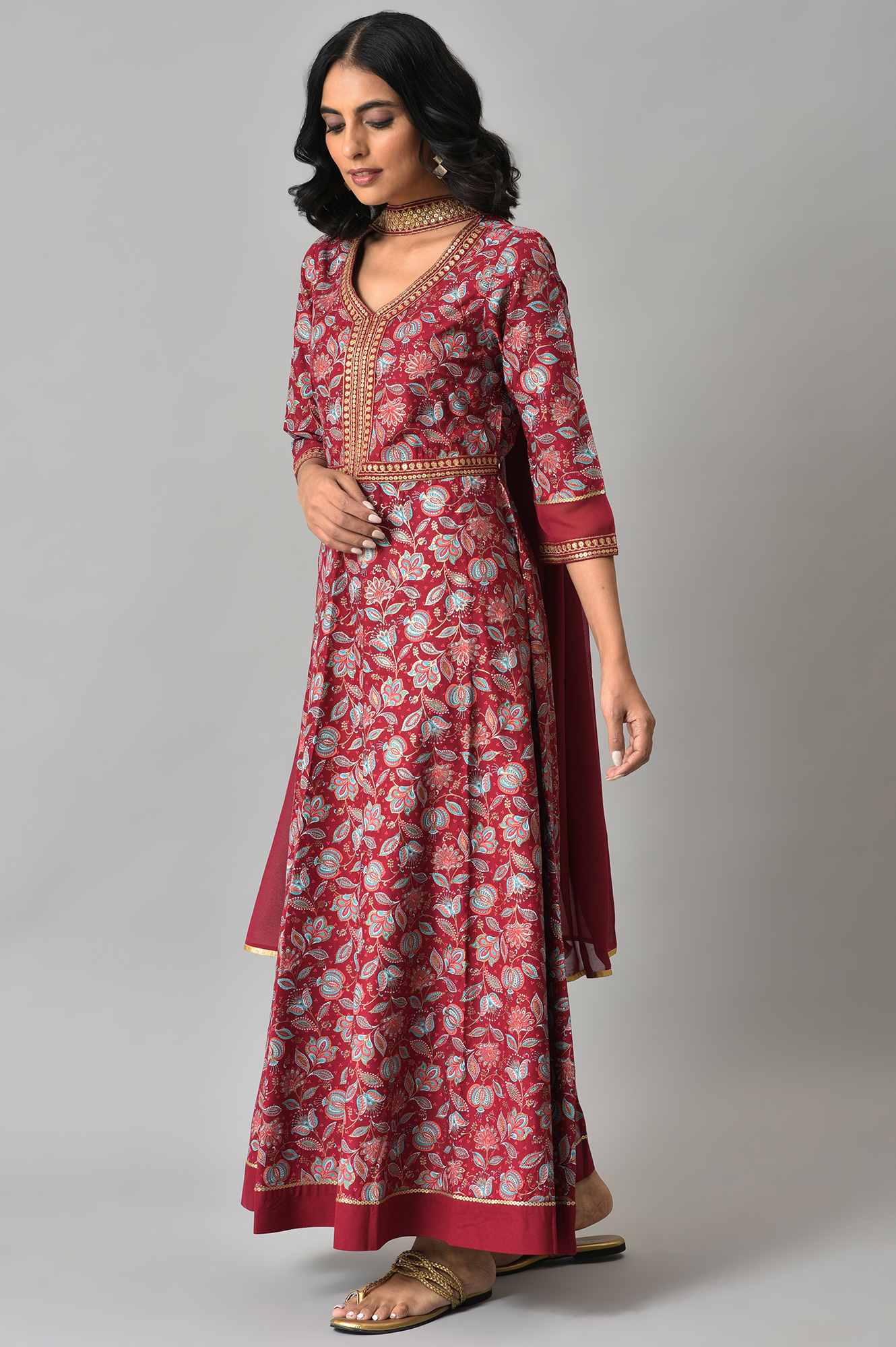 Maroon Floral Printed with Zari Embroidery LIVA Dress and Dupatta - Image 3