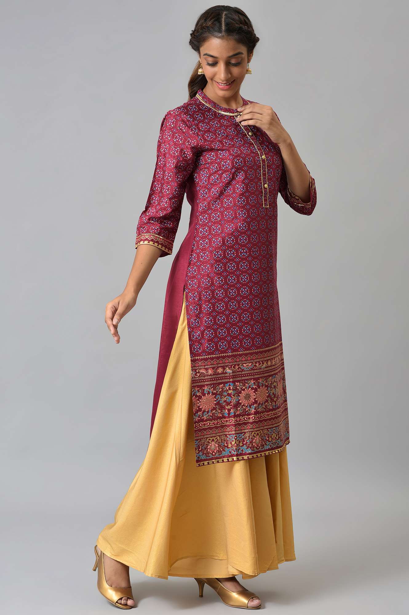 Maroon Foil Printed Shantung LIVA kurta - Image 4