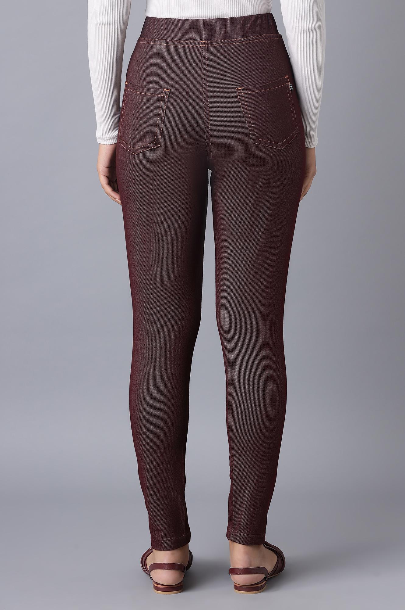 Maroon Solid Skinny Fit Cotton Jeggings With Elasticated Waist - Image 2