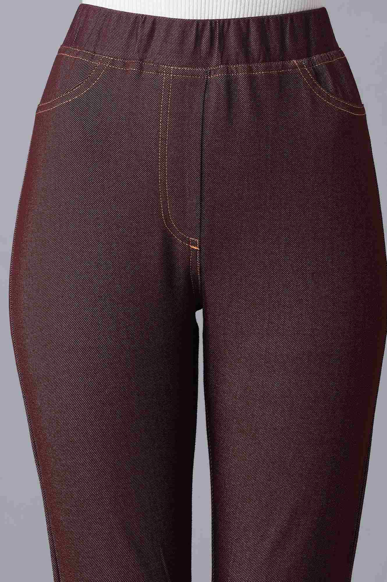 Maroon Solid Skinny Fit Cotton Jeggings With Elasticated Waist - Image 6
