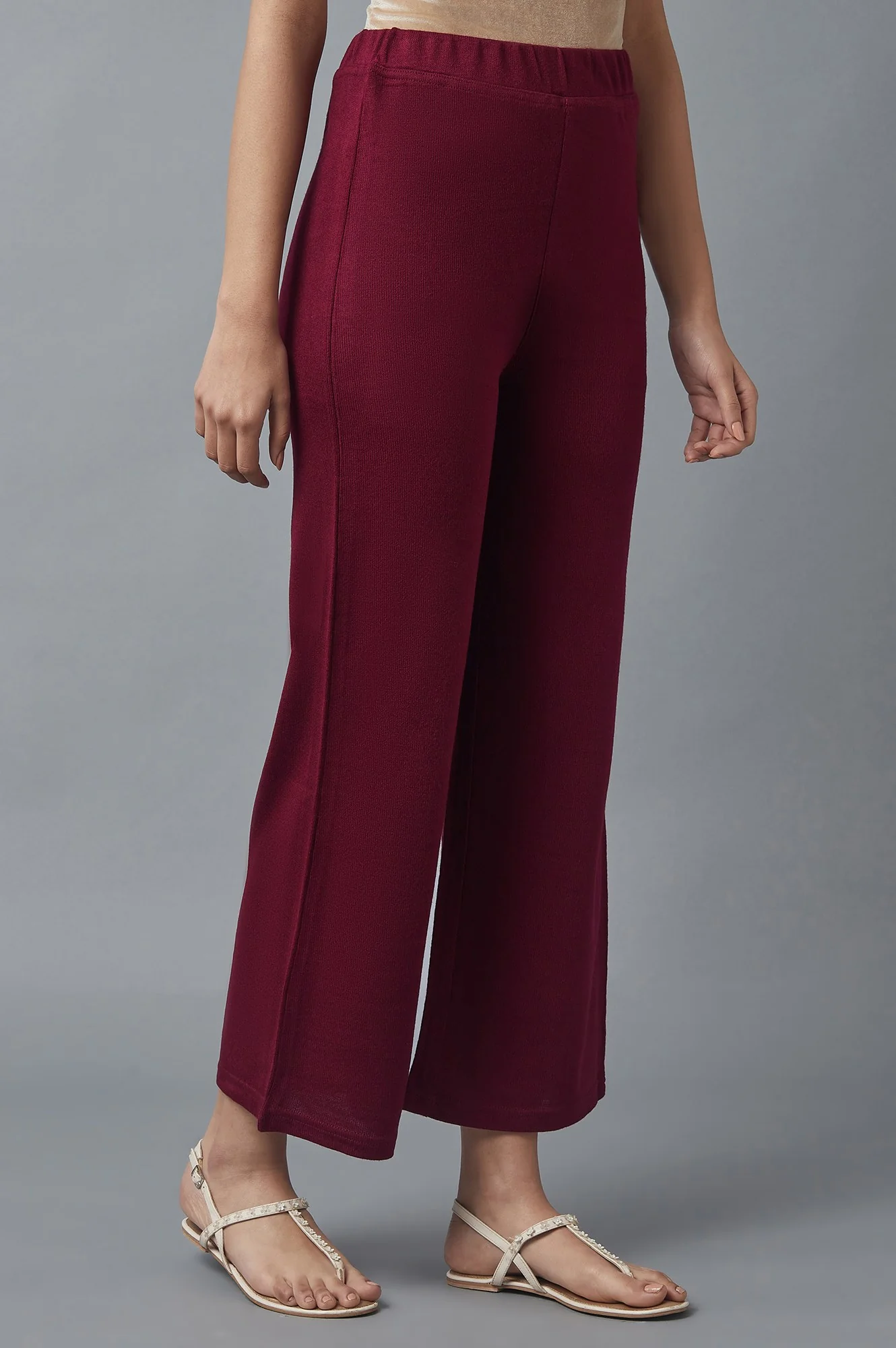 Maroon Solid Straight Fit Acrylic Palazzo With Elasticated Waist - Image 4