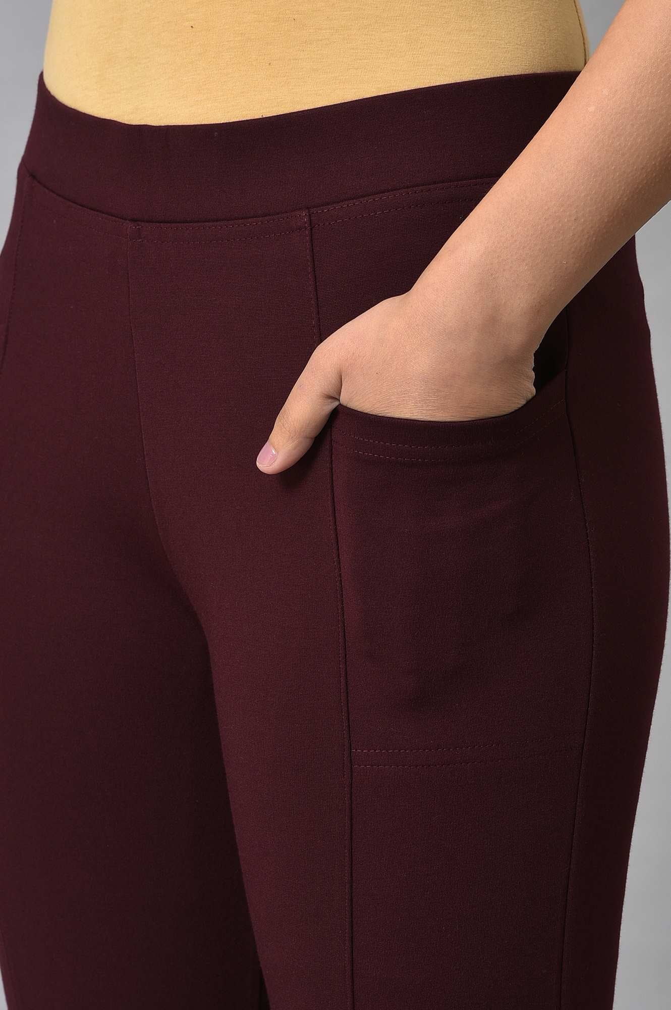 Maroon Solid Skinny Fit Yoga Tights With Elasticated Waistband - Image 7