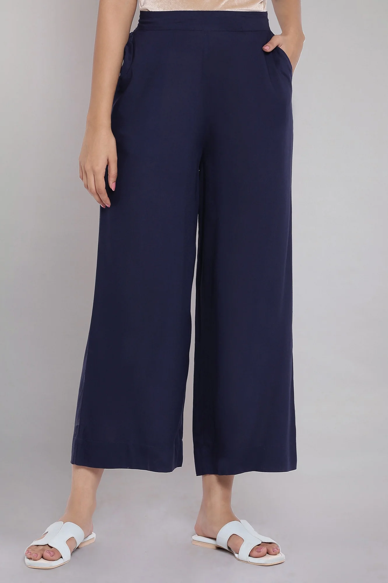 Navy Blue Solid Straight Fit Tencel Palazzo With Elasticated Waist