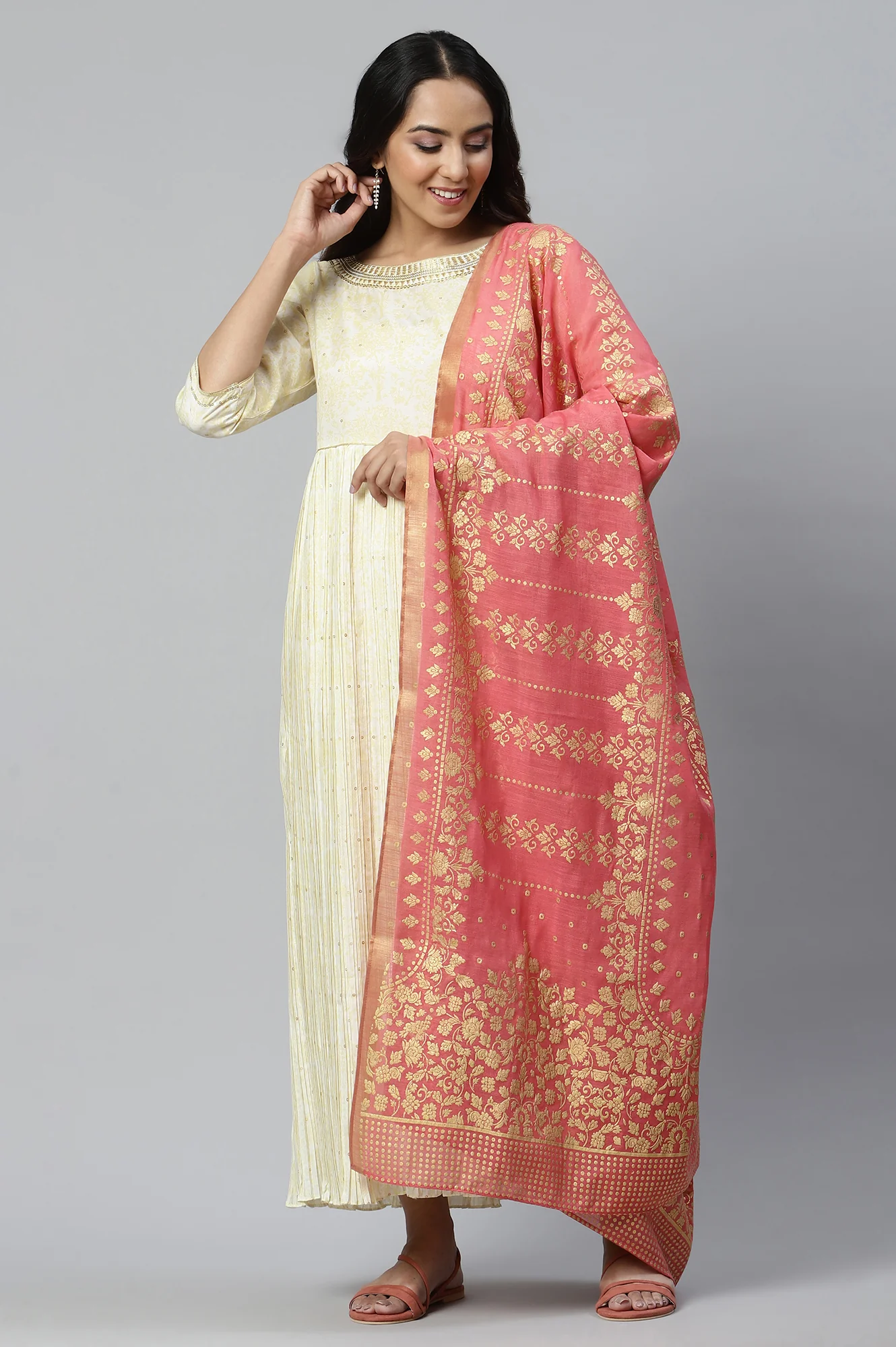 Natural Heavy Festive Dress with Pink Printed Dupatta - Image 5