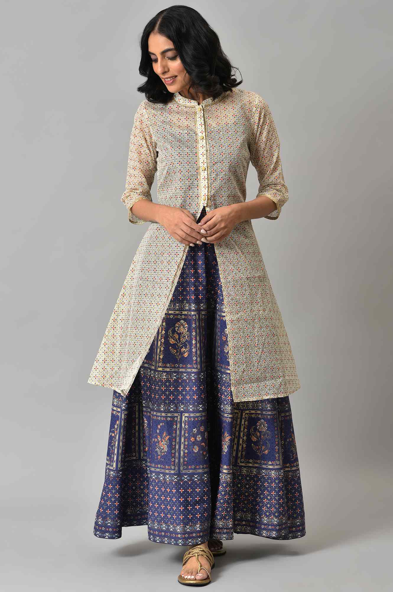 Natural Kota Floral Print Gillet with Navy Printed Top and Skirt - Image 10