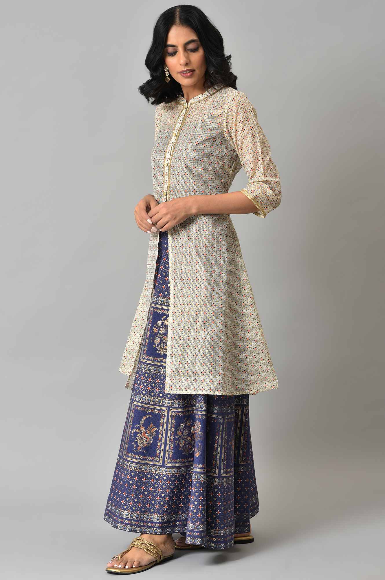 Natural Kota Floral Print Gillet with Navy Printed Top and Skirt - Image 3