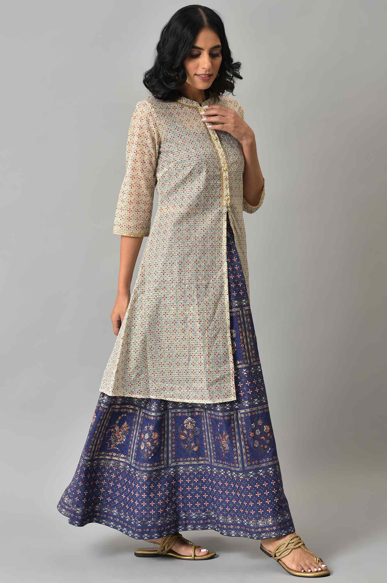 Natural Kota Floral Print Gillet with Navy Printed Top and Skirt - Image 4