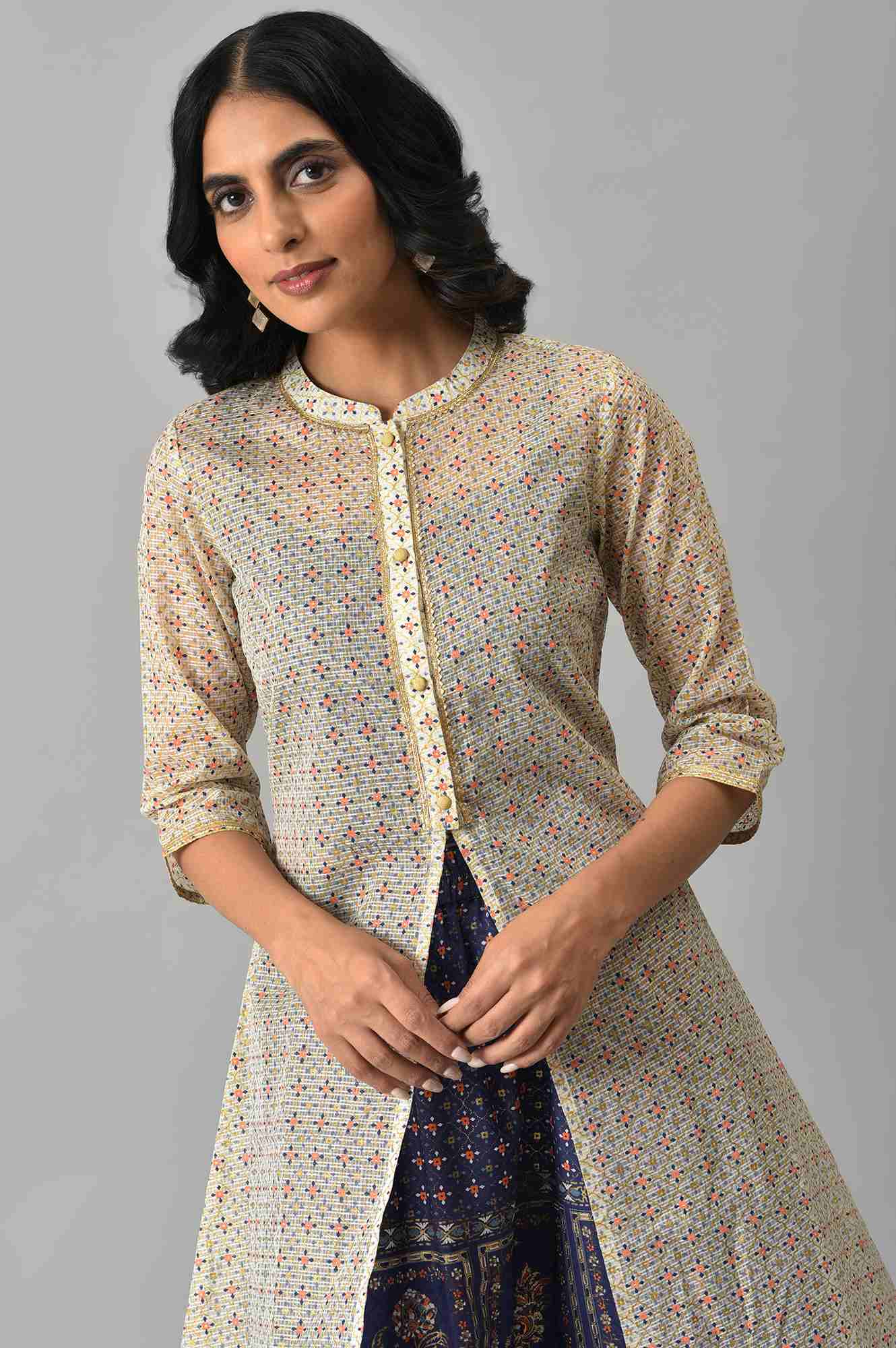 Natural Kota Floral Print Gillet with Navy Printed Top and Skirt - Image 5