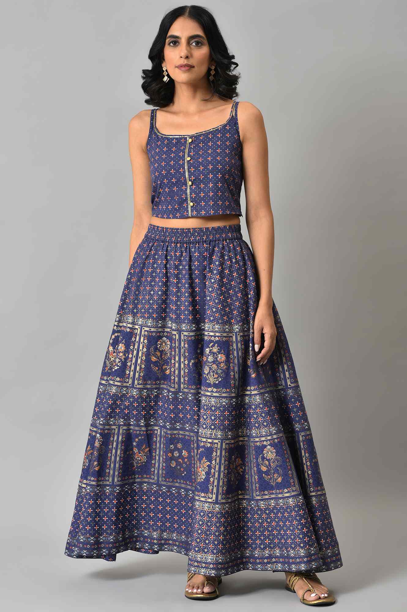 Natural Kota Floral Print Gillet with Navy Printed Top and Skirt - Image 8