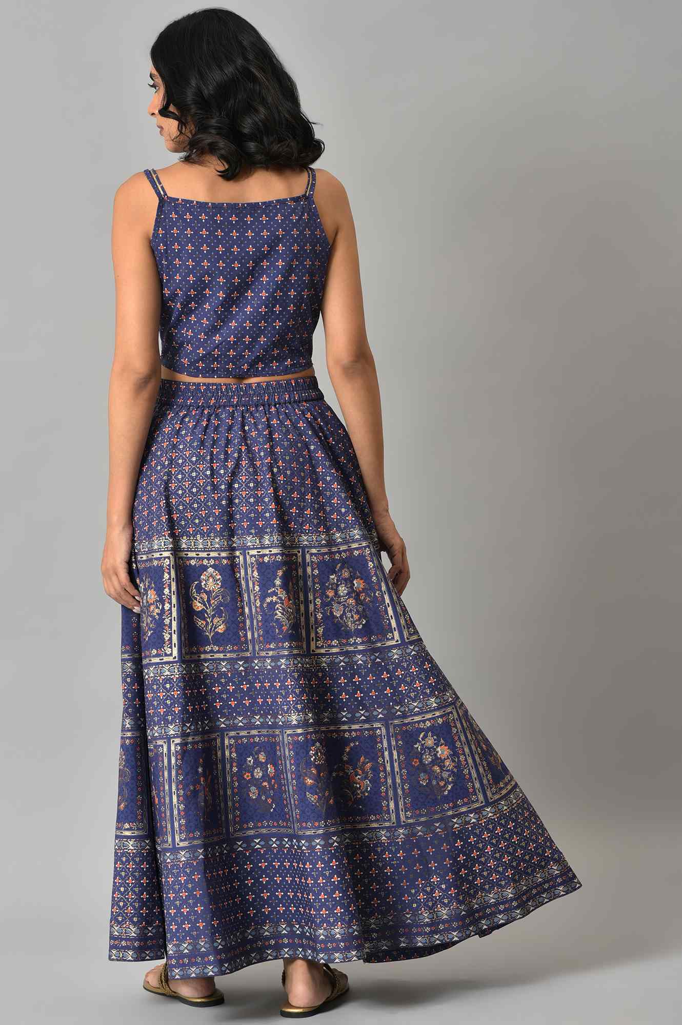 Natural Kota Floral Print Gillet with Navy Printed Top and Skirt - Image 9