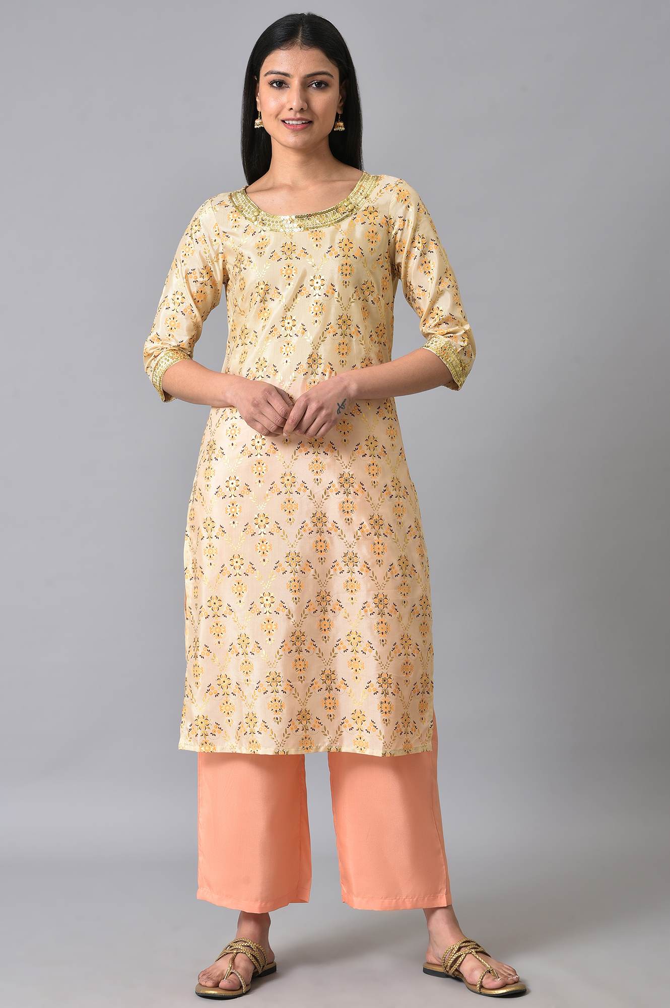 Natural Sequined Floral Printed kurta Set - Image 8