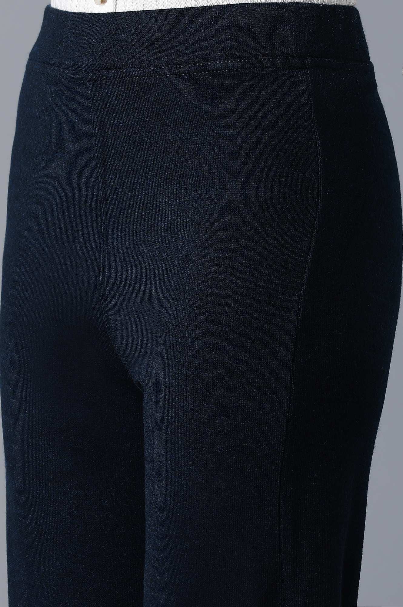 Navy Blue Solid Straight Fit Palazzo With Elasticated Waist - Image 6