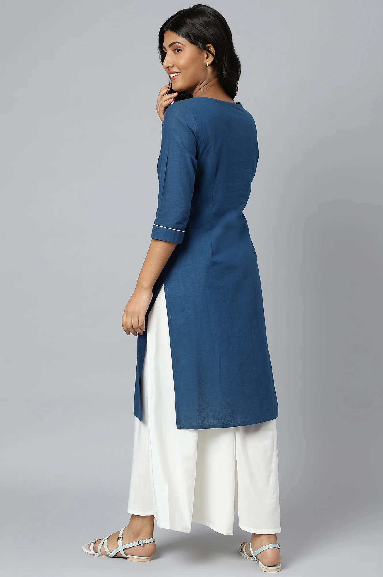 Navy Blue Cotton Embroidered Plus Size kurta - Image 4