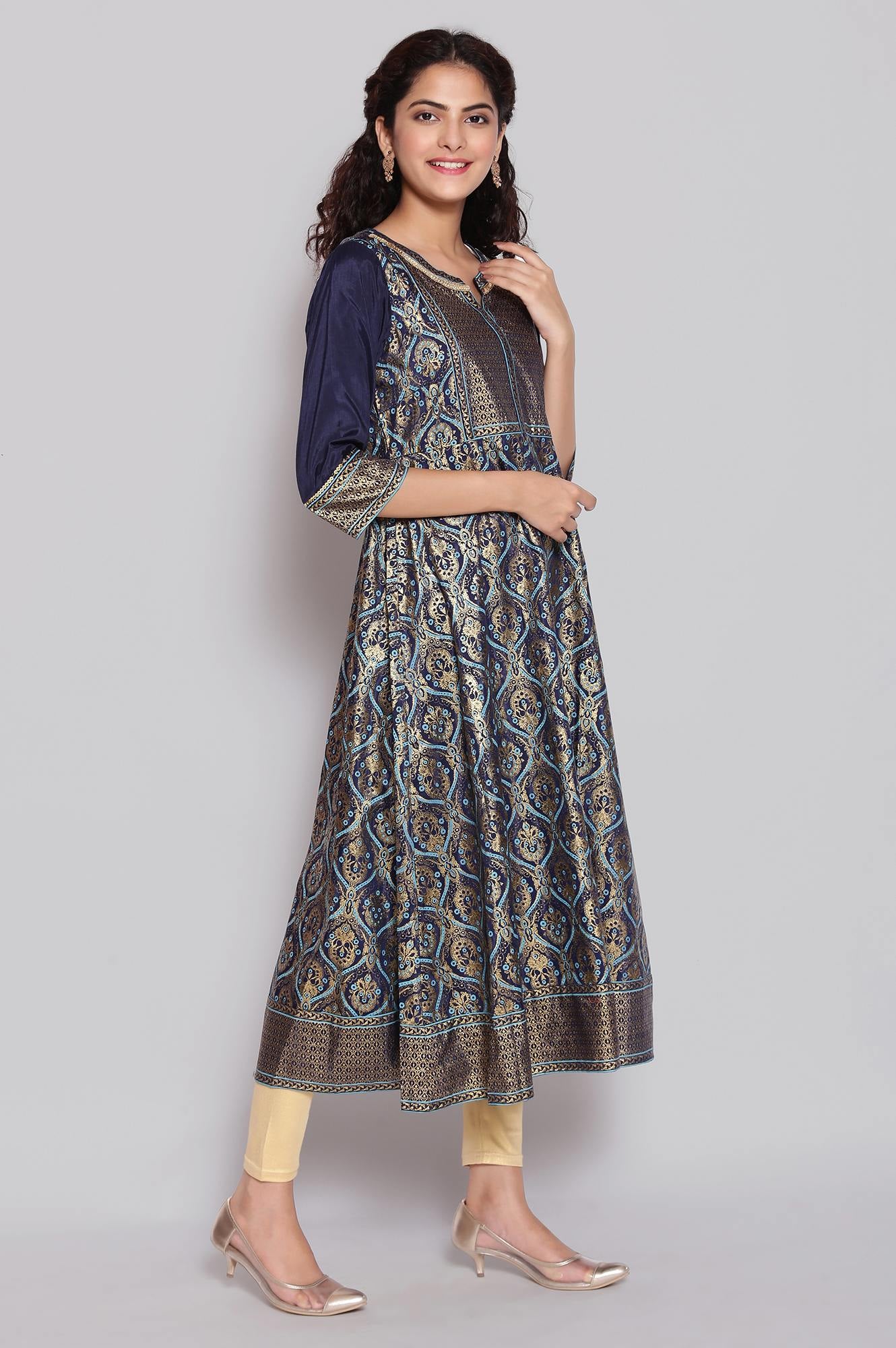 Navy Blue Foil Print Flared Dress - Image 4