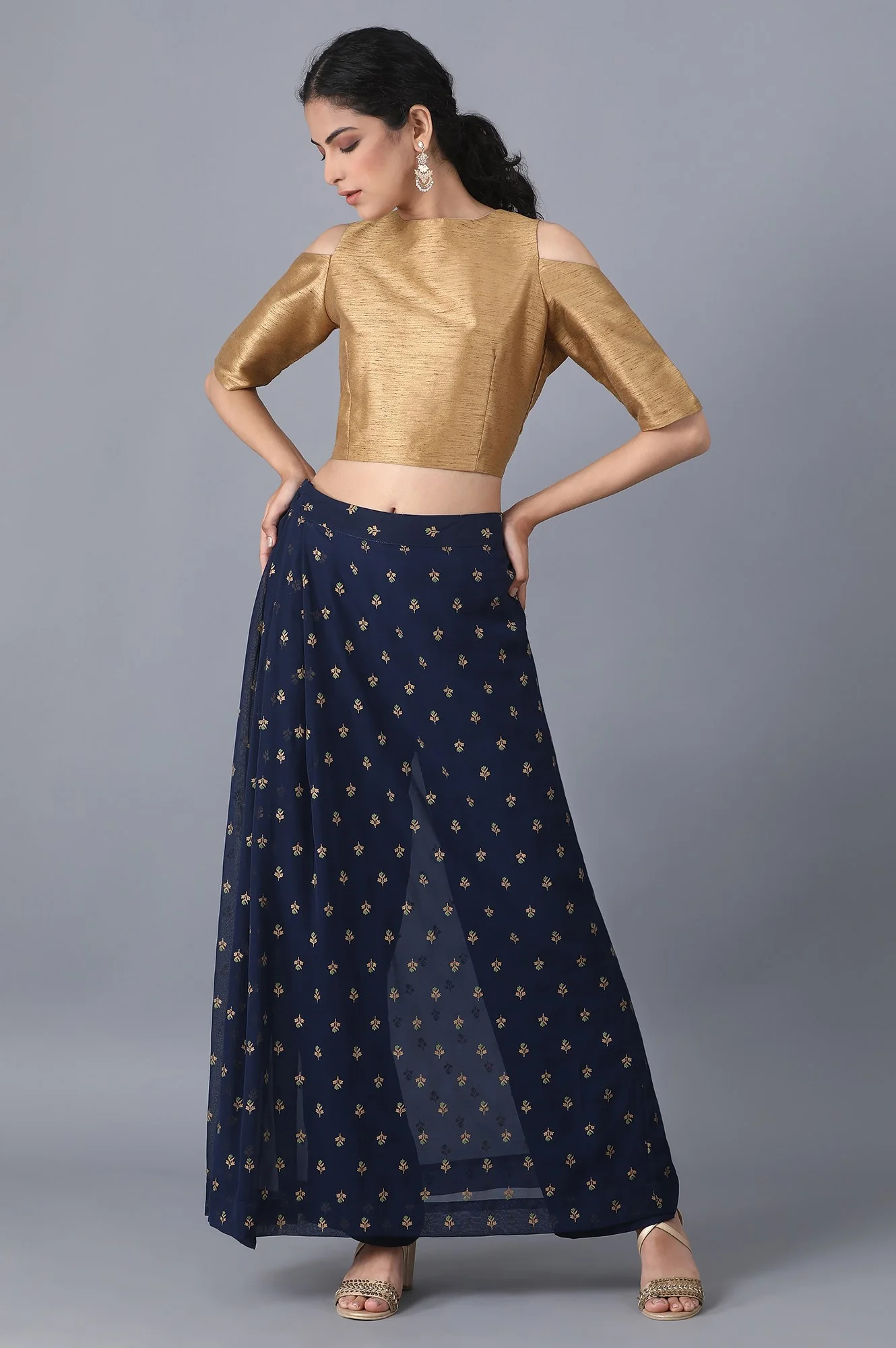 Navy Blue Floral Printed A Line Woven Palazzo With Side Zip - Image 5
