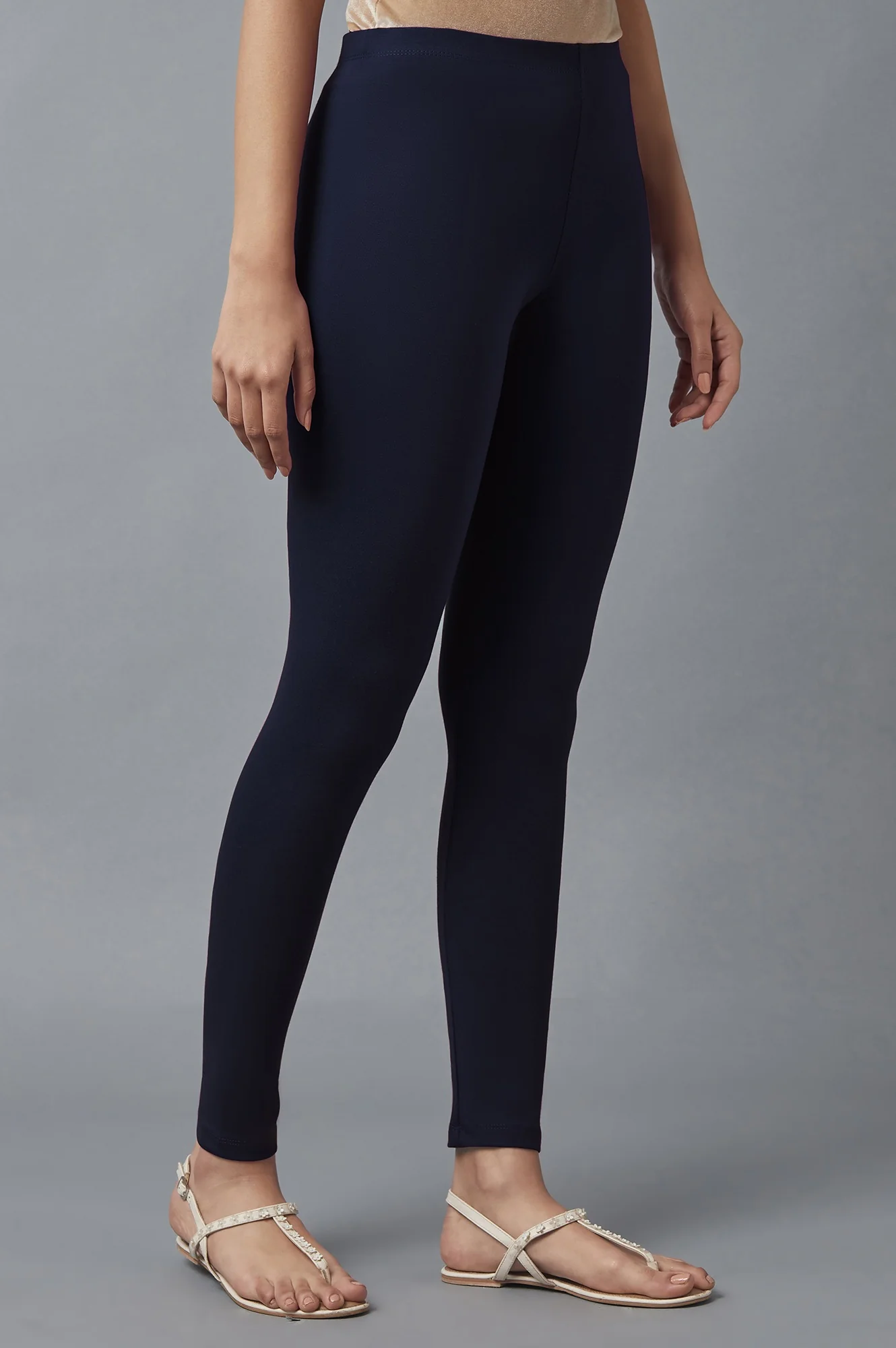 Navy Blue Solid Skinny Fit Cotton Tights With Elasticated Waist - Image 4