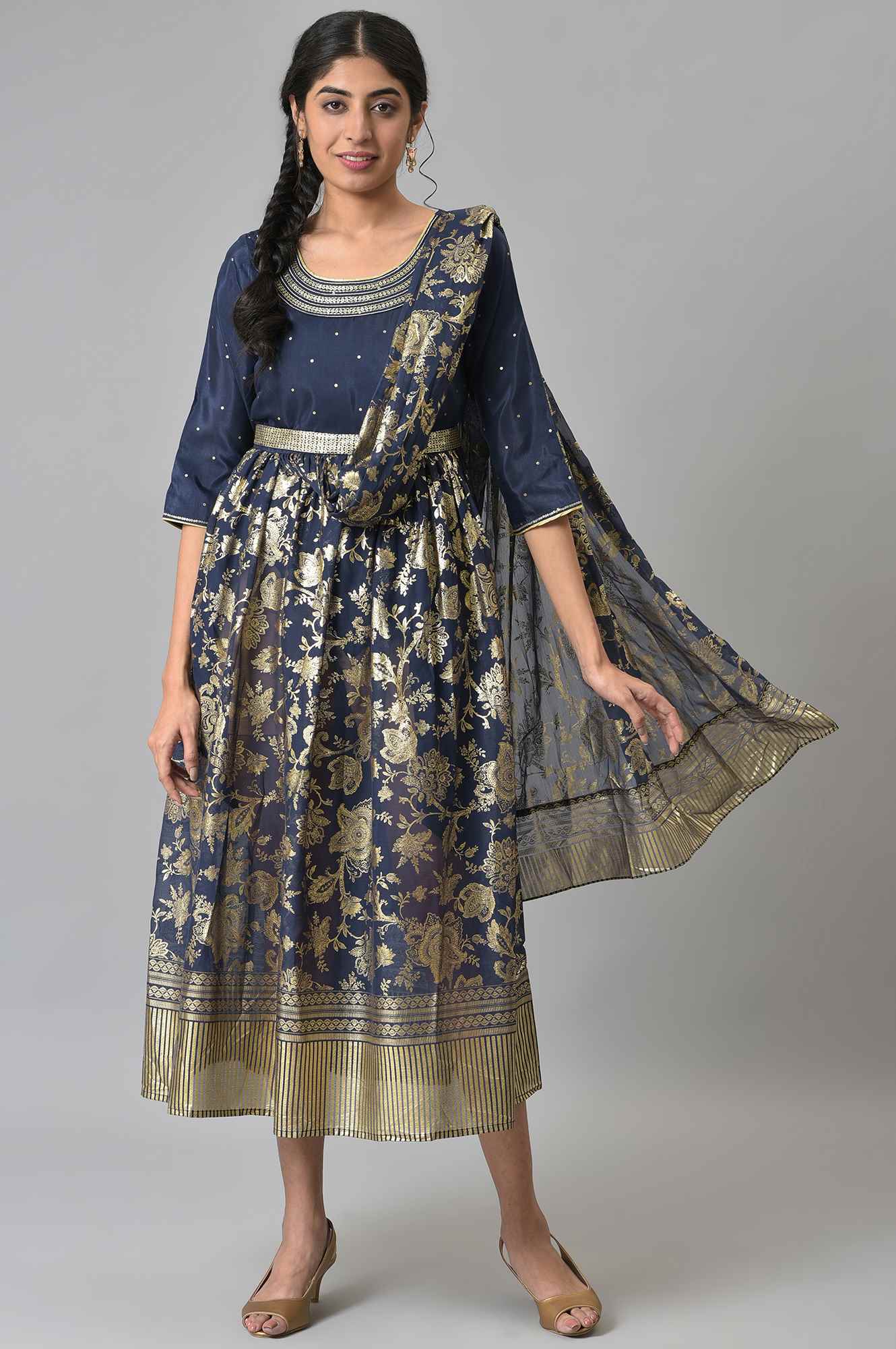 Navy Floral Printed A-line Saree-Dress - Image 5