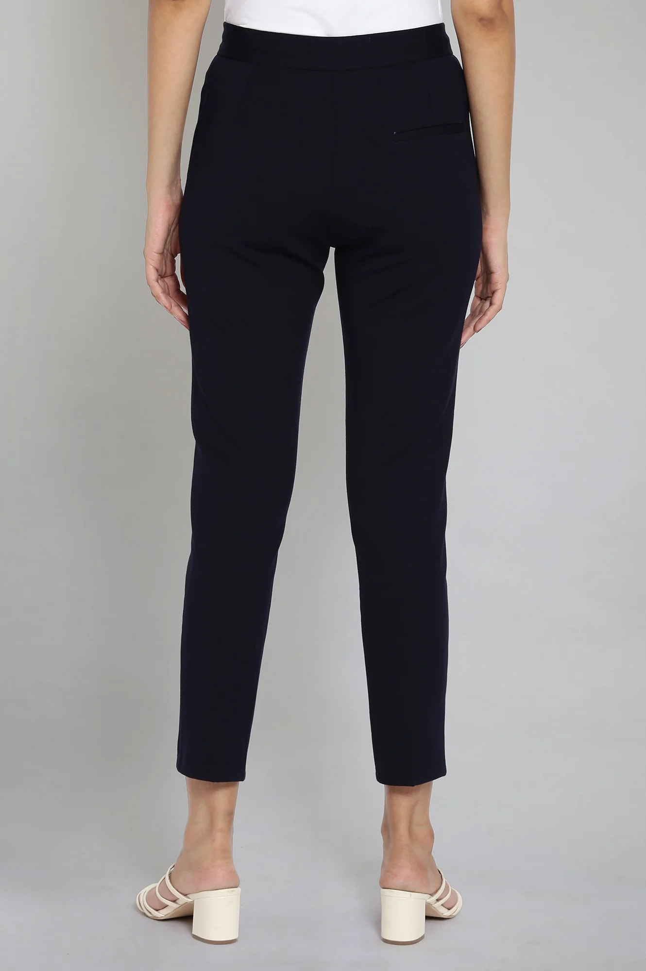 Navy Blue Solid Straight Fit Trousers With Pintuck Detail - Image 2
