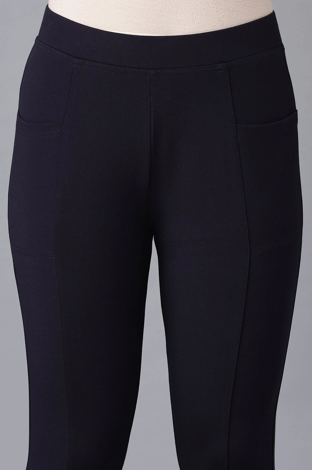 Navy Blue Solid Straight Fit Tights With Elasticated Waist - Image 6