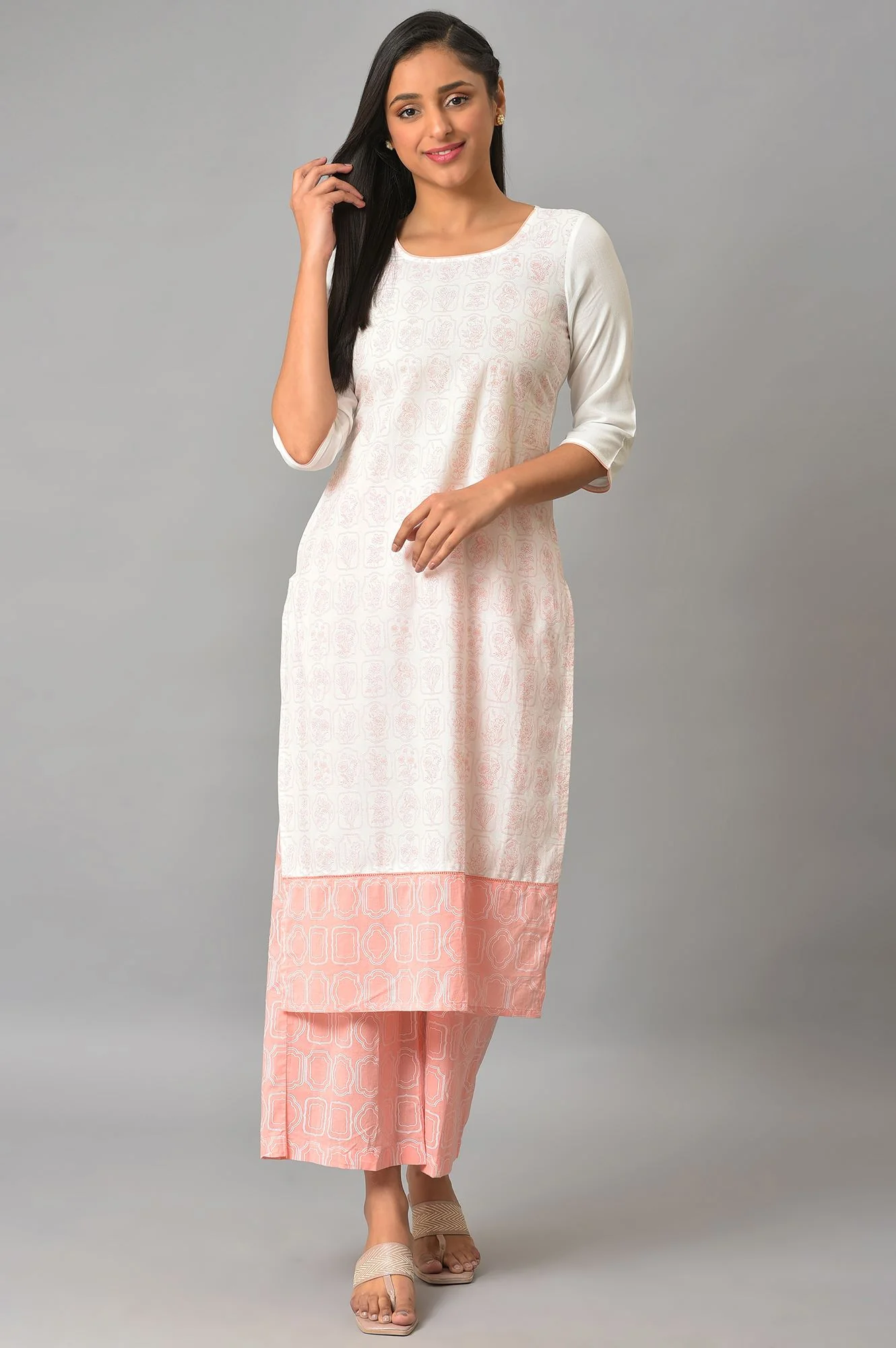 Off-White Floral Printed kurta With Coral Palazzo - Image 8