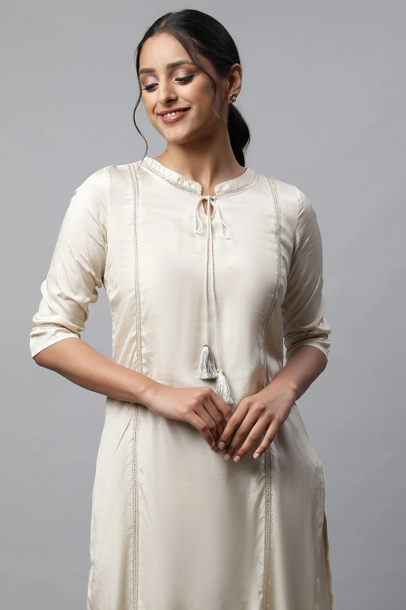 Off White Shantung Solid Plus Size kurta - Image 6